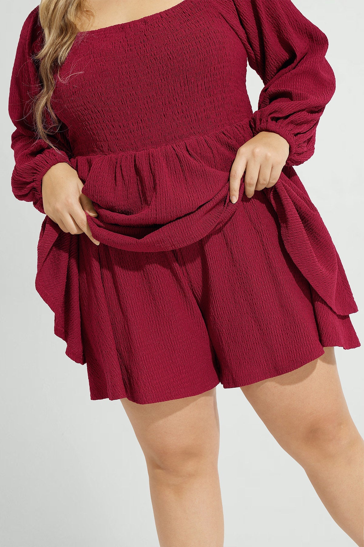 Supersoft Plain Lantern Sleeve Shirred Mini Dress with Shorts