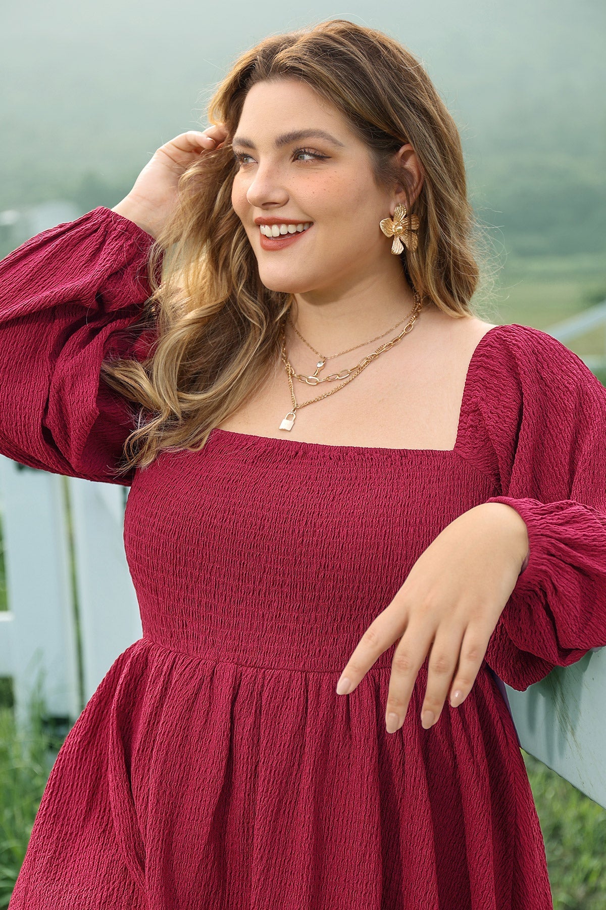 Supersoft Plain Lantern Sleeve Shirred Mini Dress with Shorts