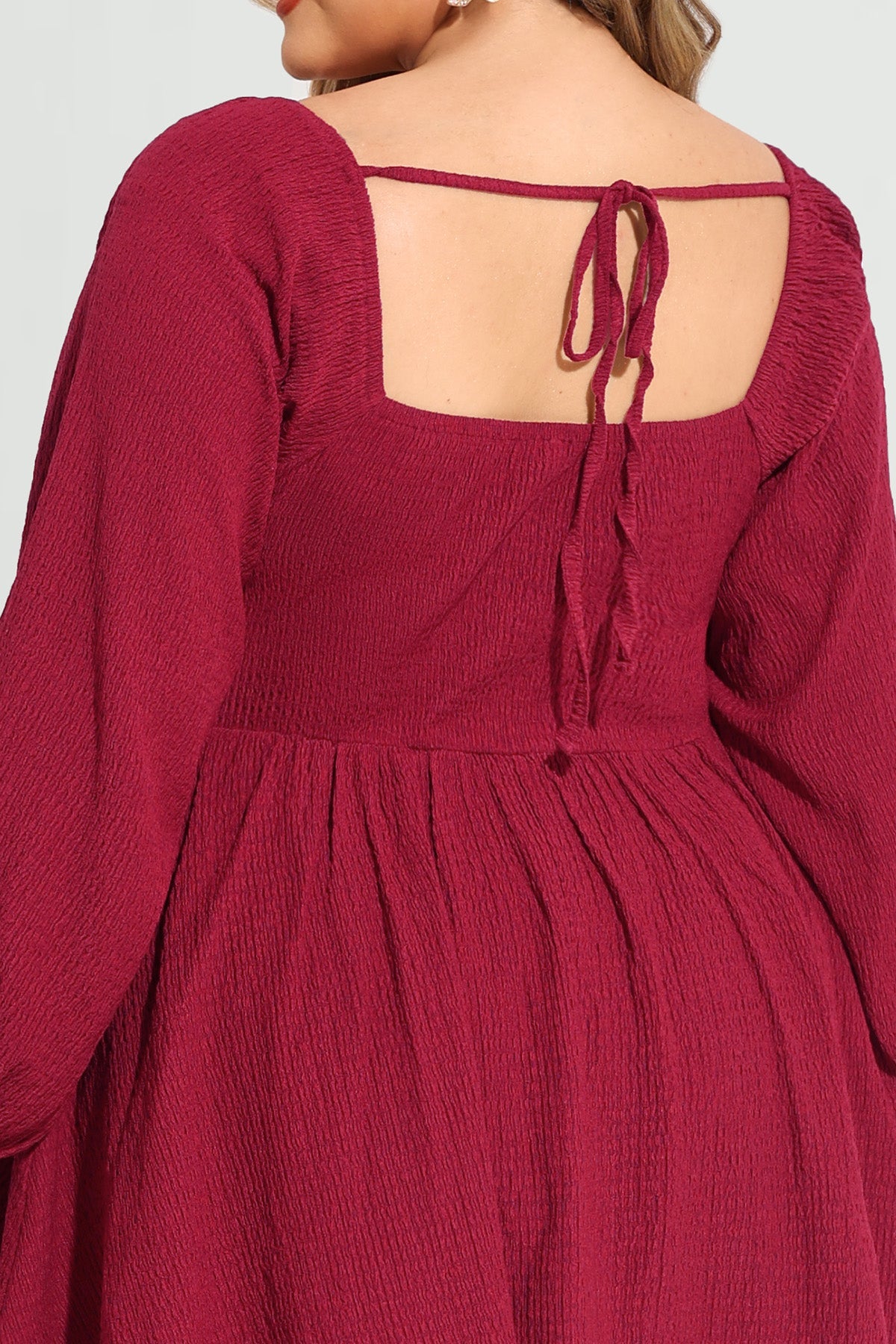 Supersoft Plain Lantern Sleeve Shirred Mini Dress with Shorts