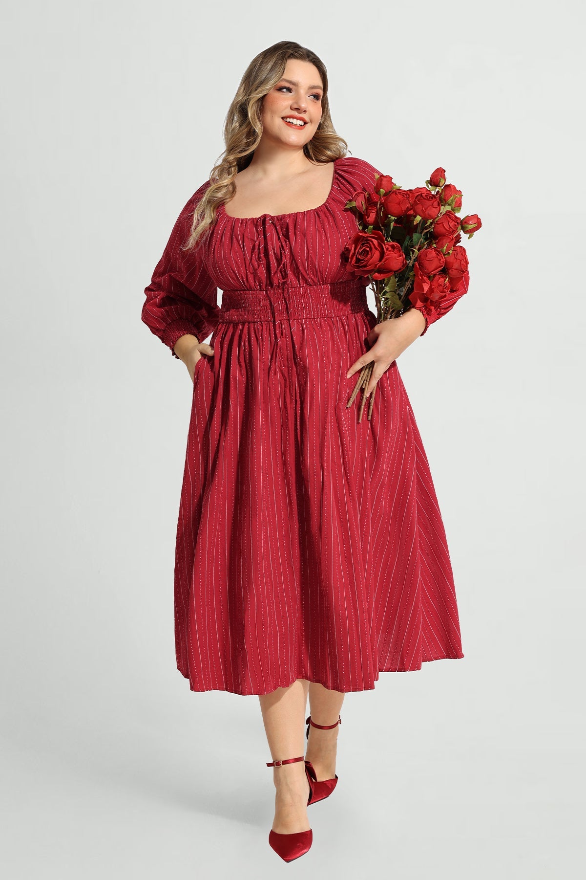 Ritera Adjustable Drawstring Square Neck Midi Dress