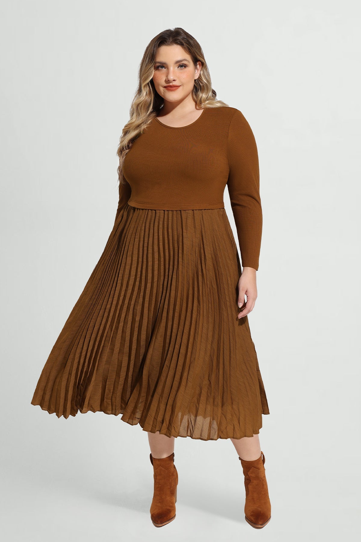 Ritera Solid Mesh Crew Neck Pleated Midi Dress