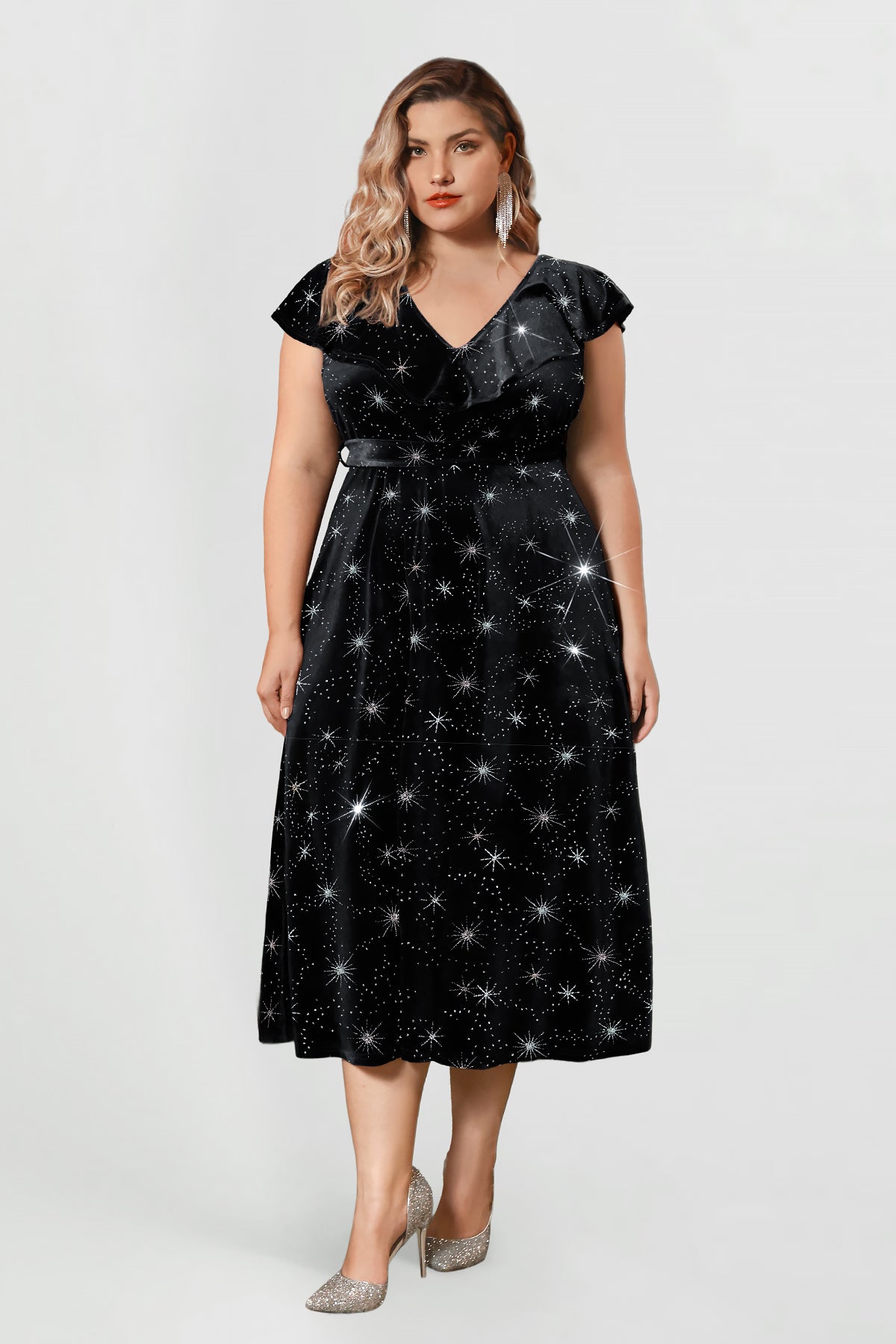 Ritera Sparkle Celestial Print V-Neck Cap Sleeves Midi Dress with Belt