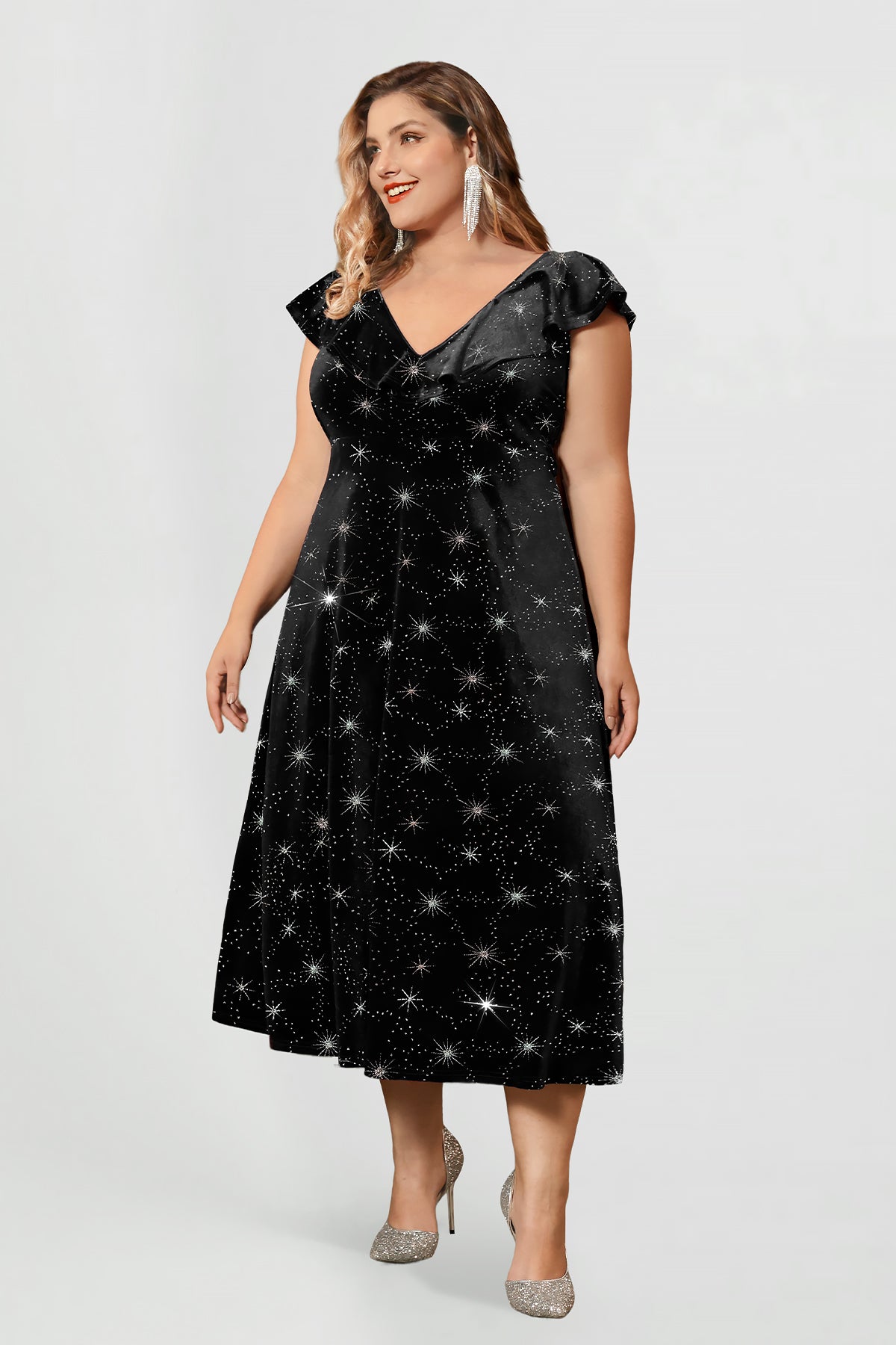 Ritera Sparkle Celestial Print V-Neck Cap Sleeves Midi Dress with Belt