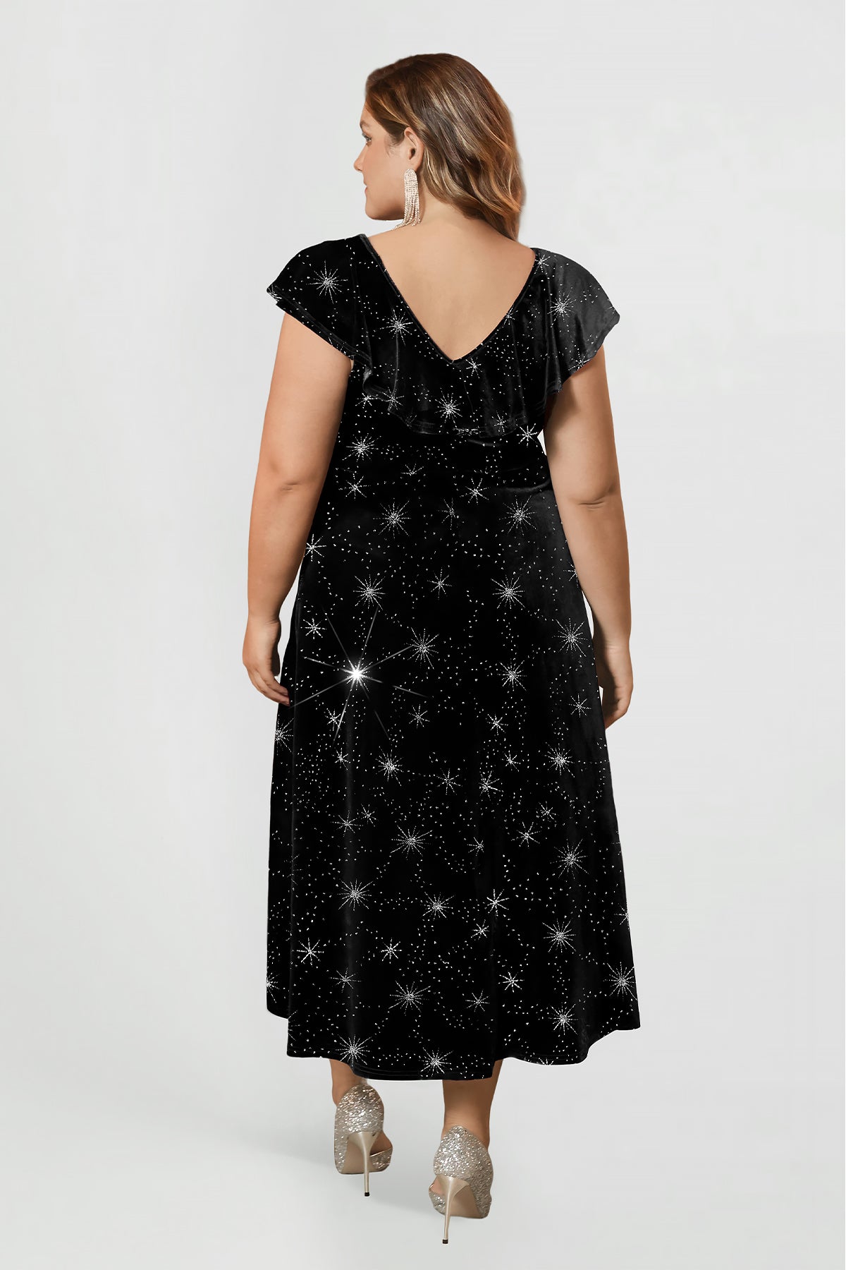 Ritera Sparkle Celestial Print V-Neck Cap Sleeves Midi Dress with Belt