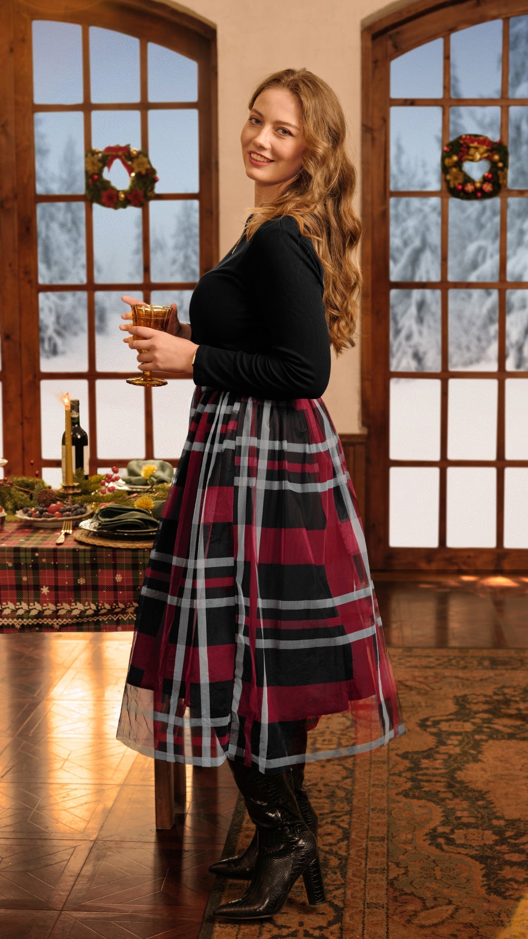 Ritera Colorblock Plaid Tulle Crew Neck Midi Dress