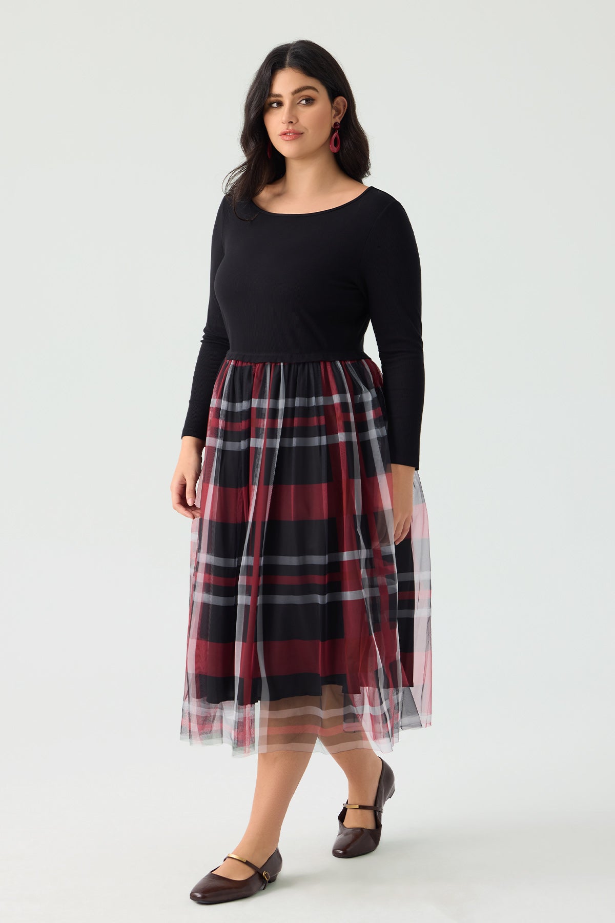 Ritera Colorblock Plaid Tulle Crew Neck Midi Dress