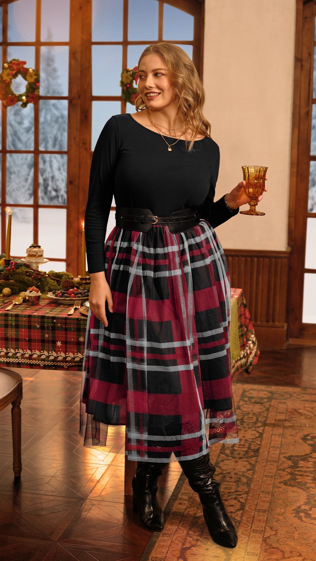 Ritera Colorblock Plaid Tulle Crew Neck Midi Dress