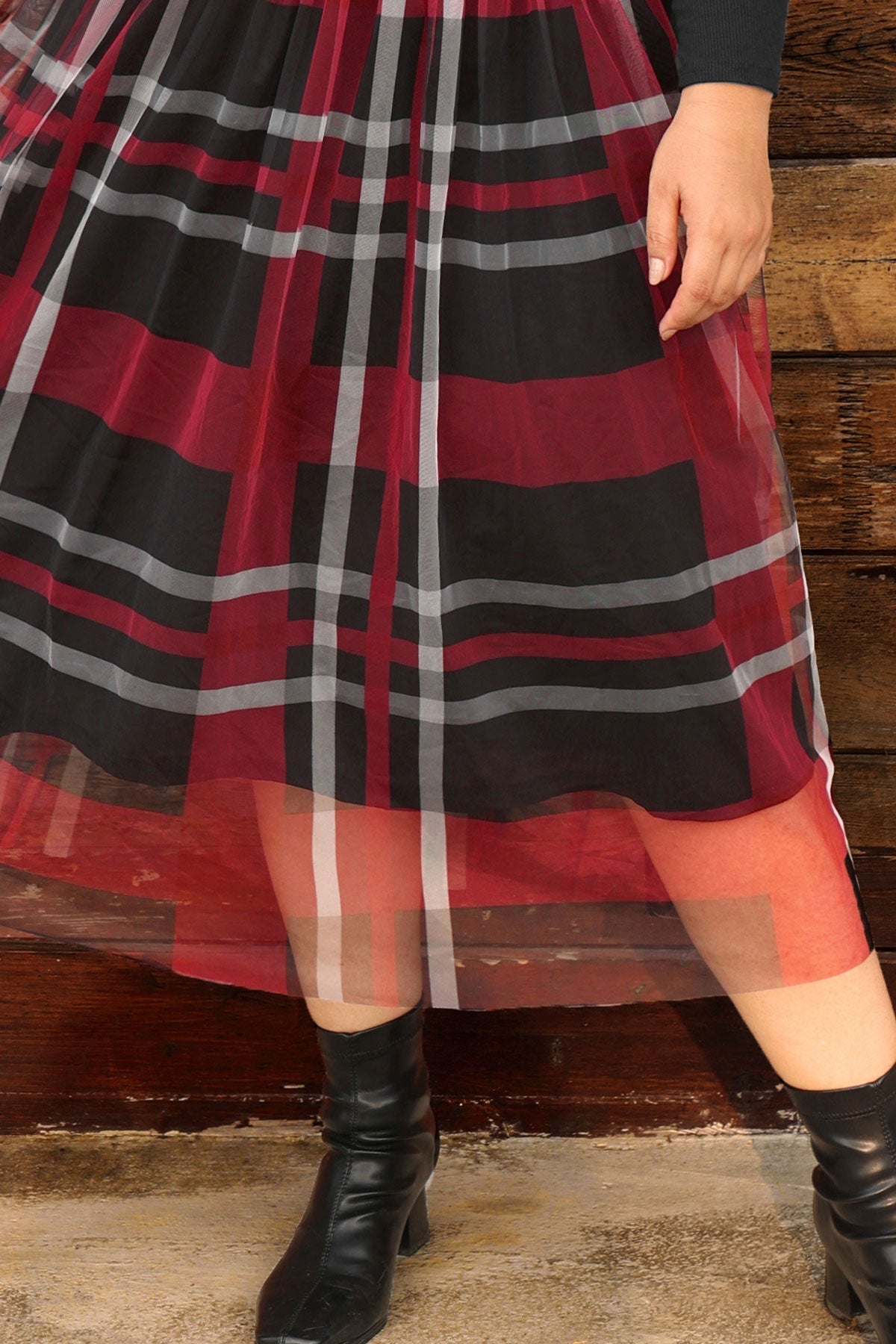 Ritera Colorblock Plaid Tulle Crew Neck Midi Dress
