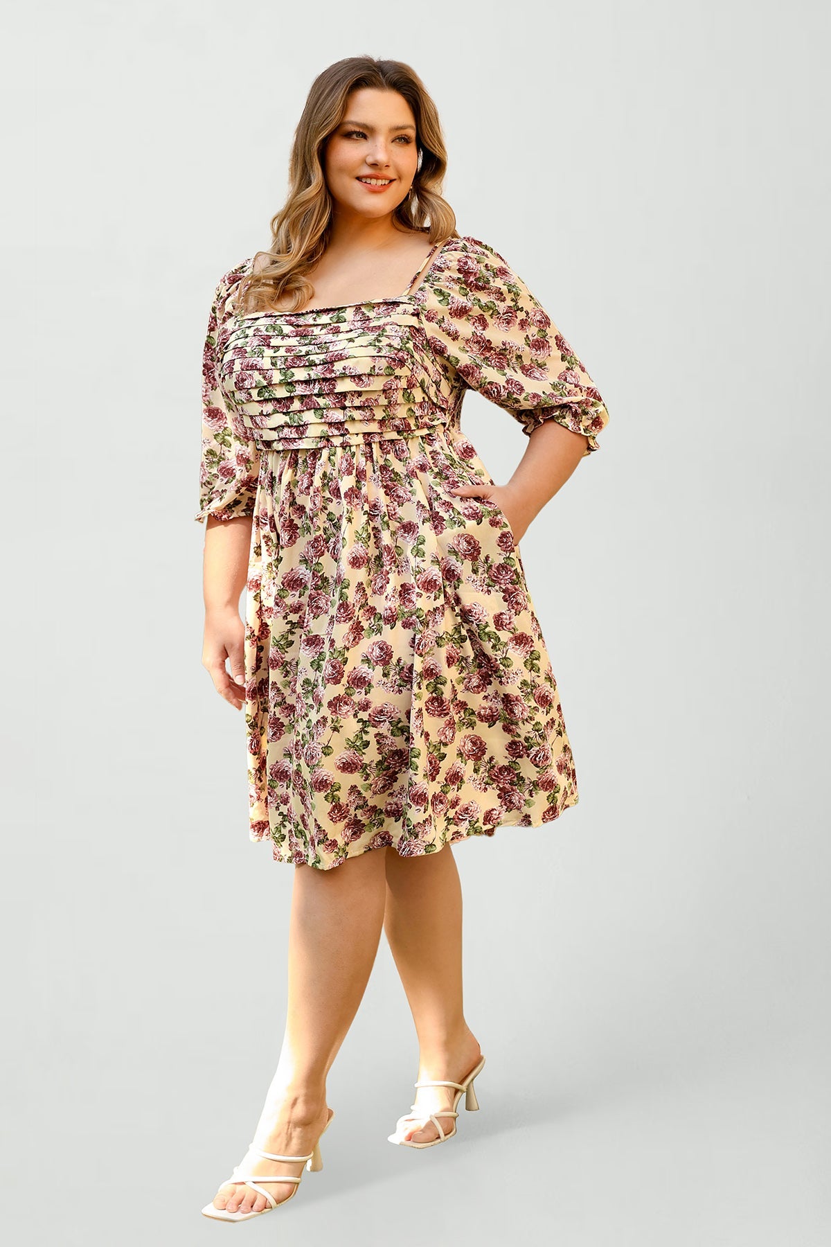 Pocket Floral Print Off Shoulder Shirred A-Line Dress