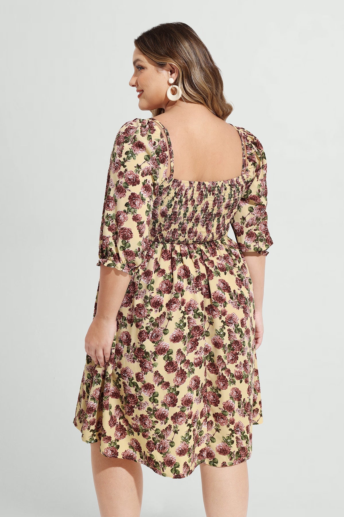 Pocket Floral Print Off Shoulder Shirred A-Line Dress