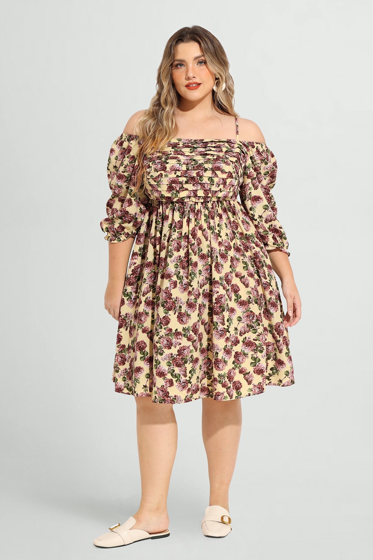 Pocket Floral Print Off Shoulder Shirred A-Line Dress
