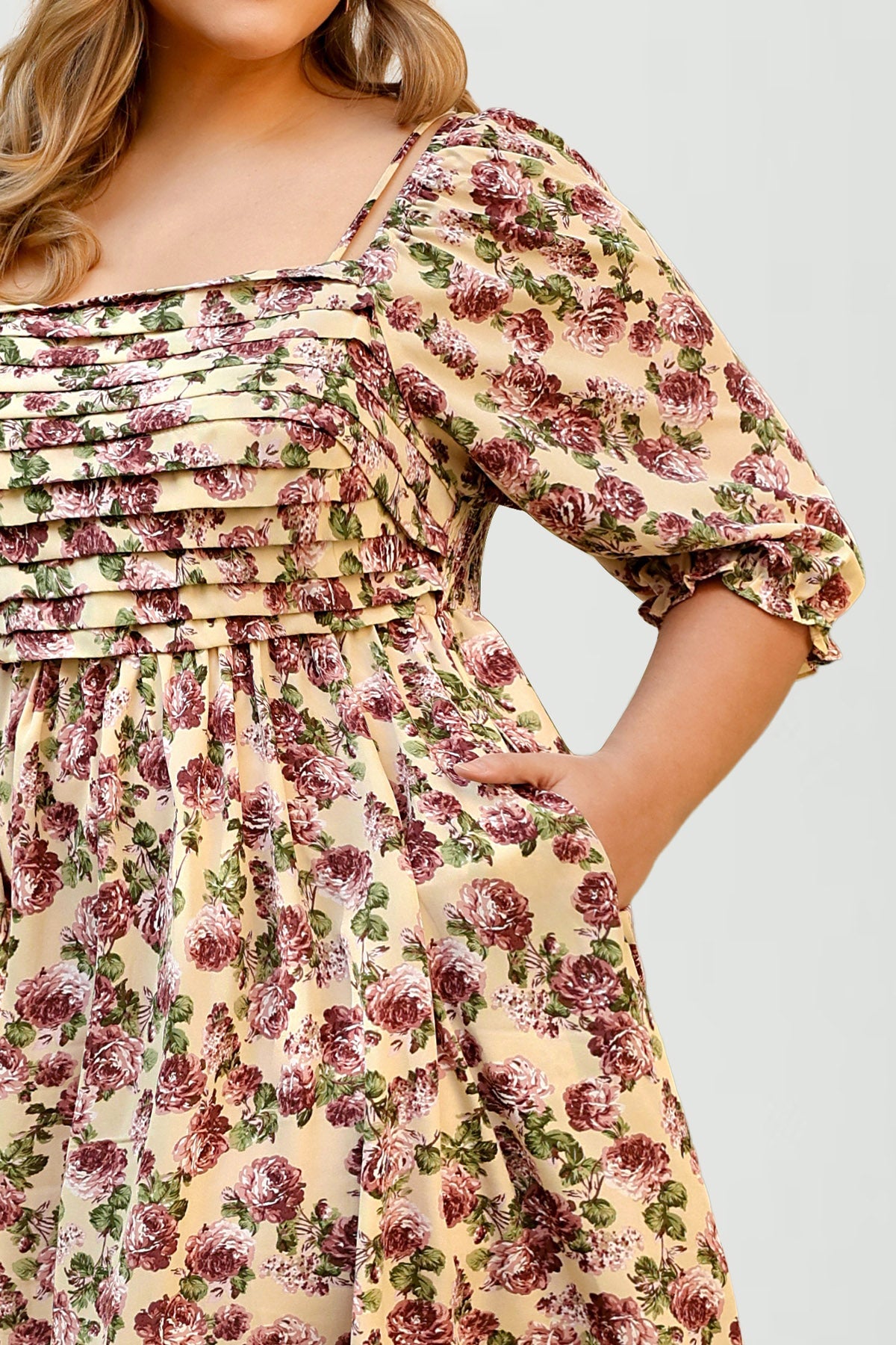 Pocket Floral Print Off Shoulder Shirred A-Line Dress