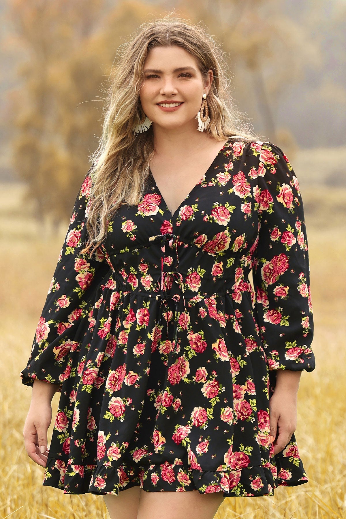 Ritera Rose Floral Print Lantern Sleeve V Neck Mini Dress