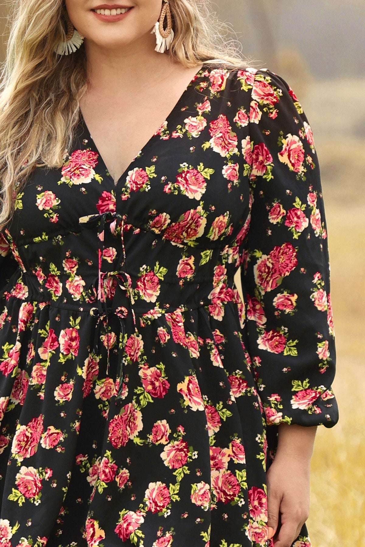 Ritera Rose Floral Print Lantern Sleeve V Neck Mini Dress