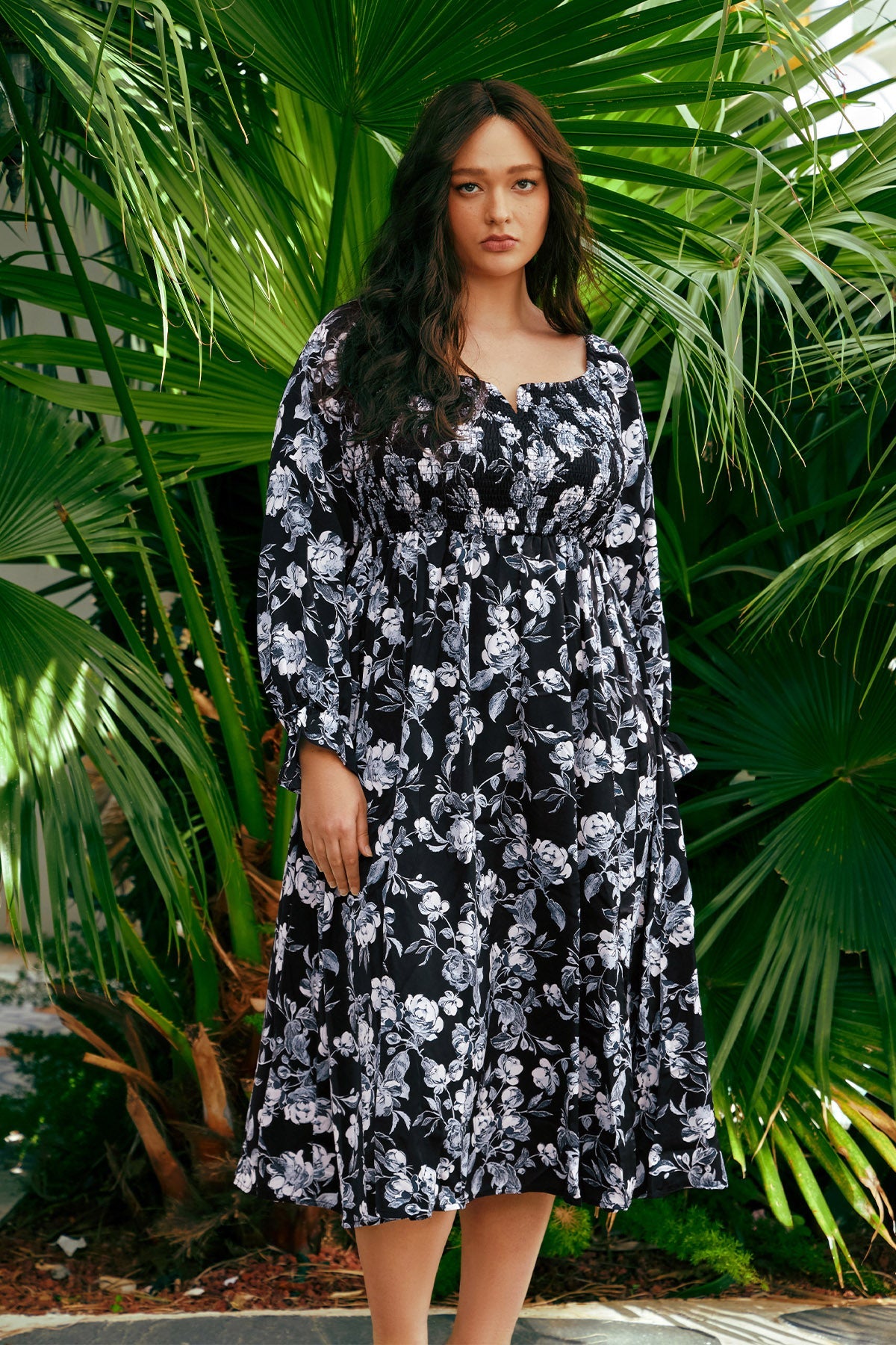 Pocket Floral Print Off-Shoulder Slit Midi Dress
