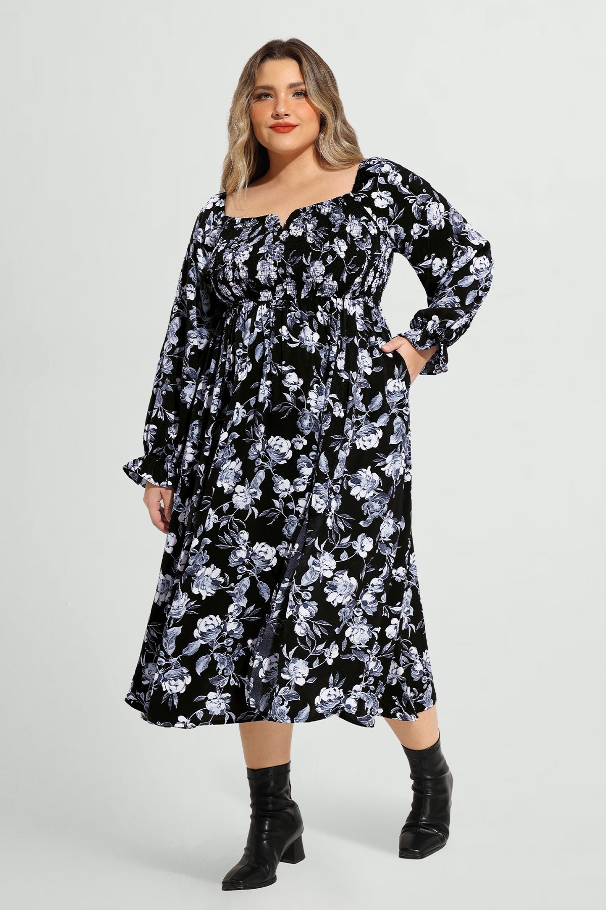 Pocket Floral Print Off-Shoulder Slit Midi Dress