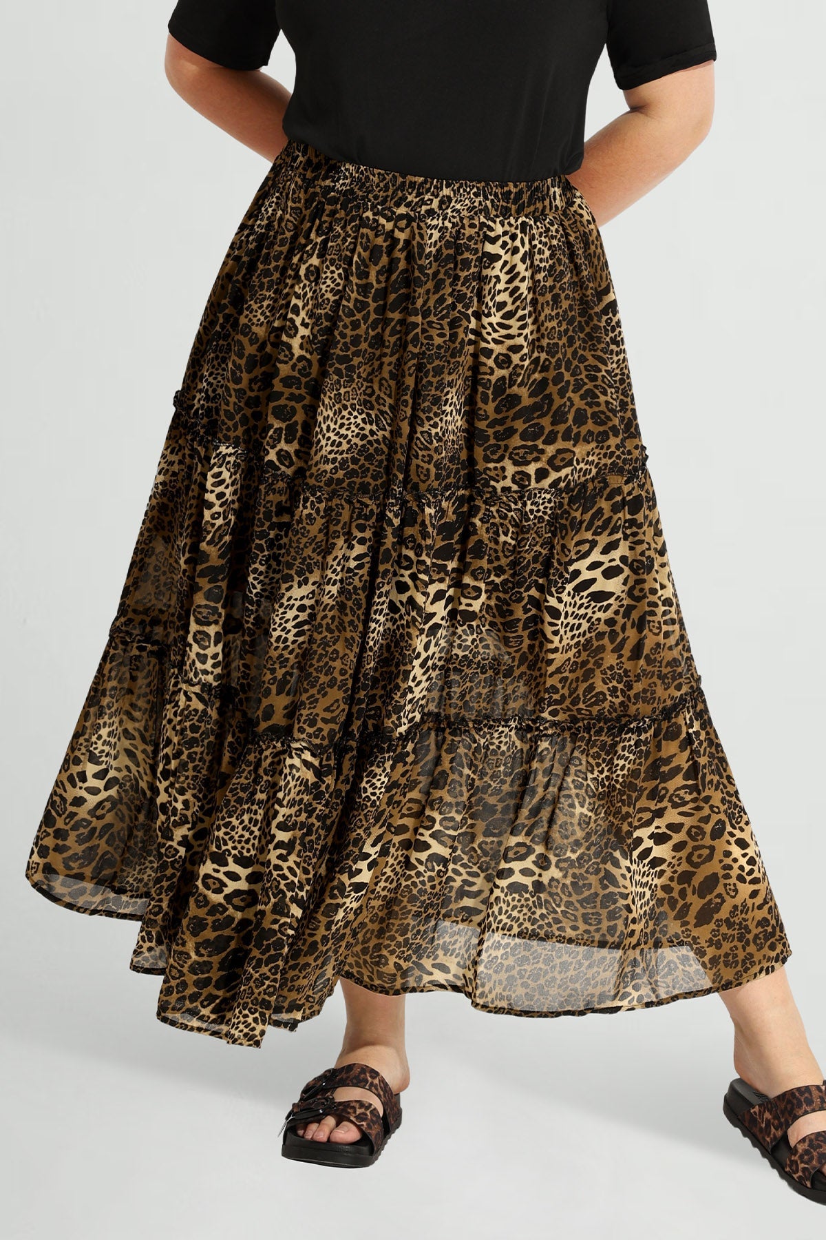 Pocket Leopard Mesh Flowy Shirred Maxi Skirt