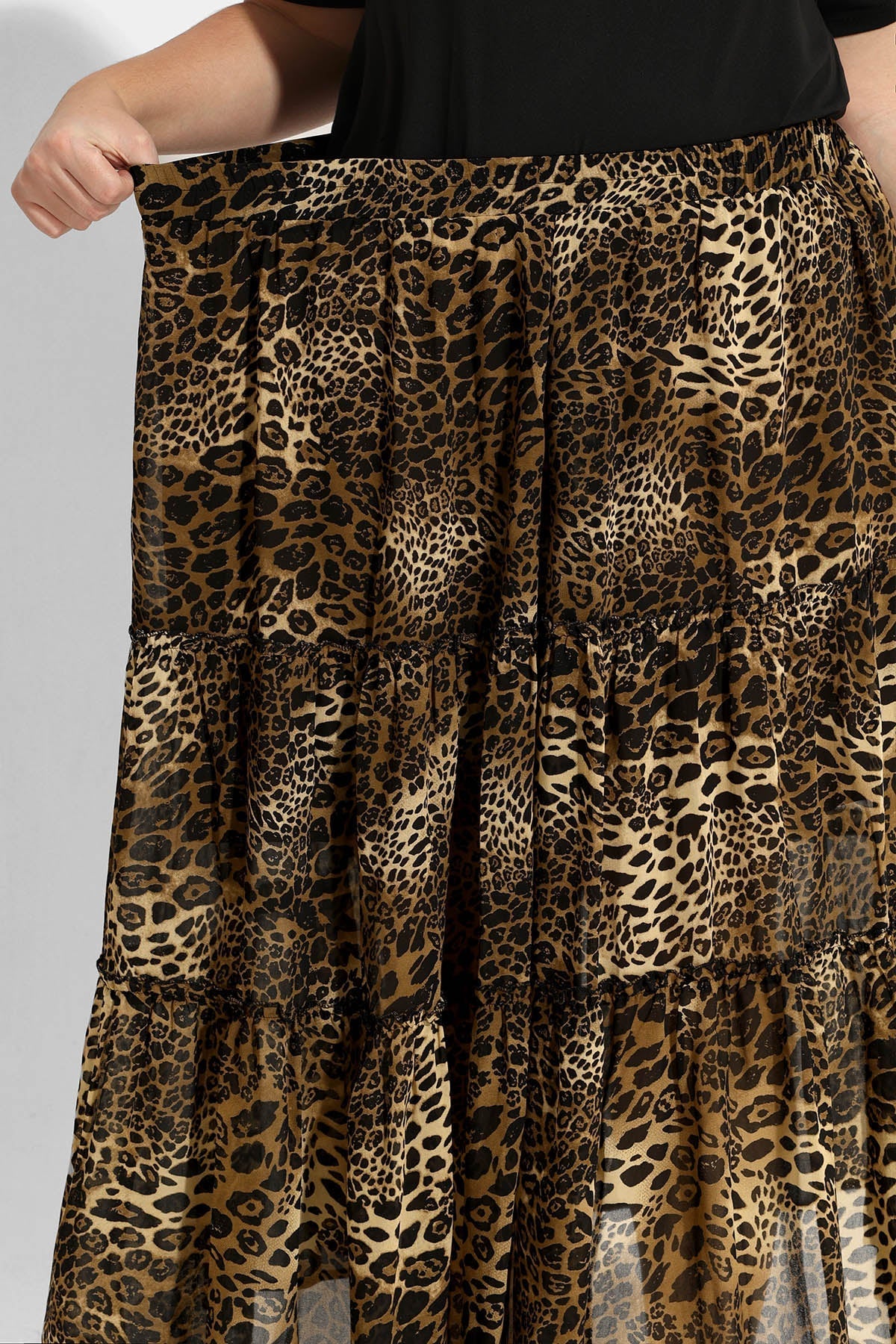 Pocket Leopard Mesh Flowy Shirred Maxi Skirt