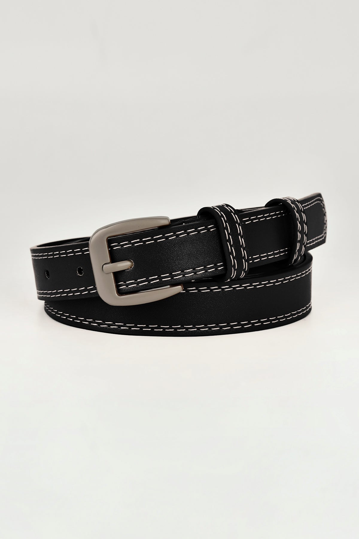 Contrast Stitch Silver Tone Buckle Leather Belt