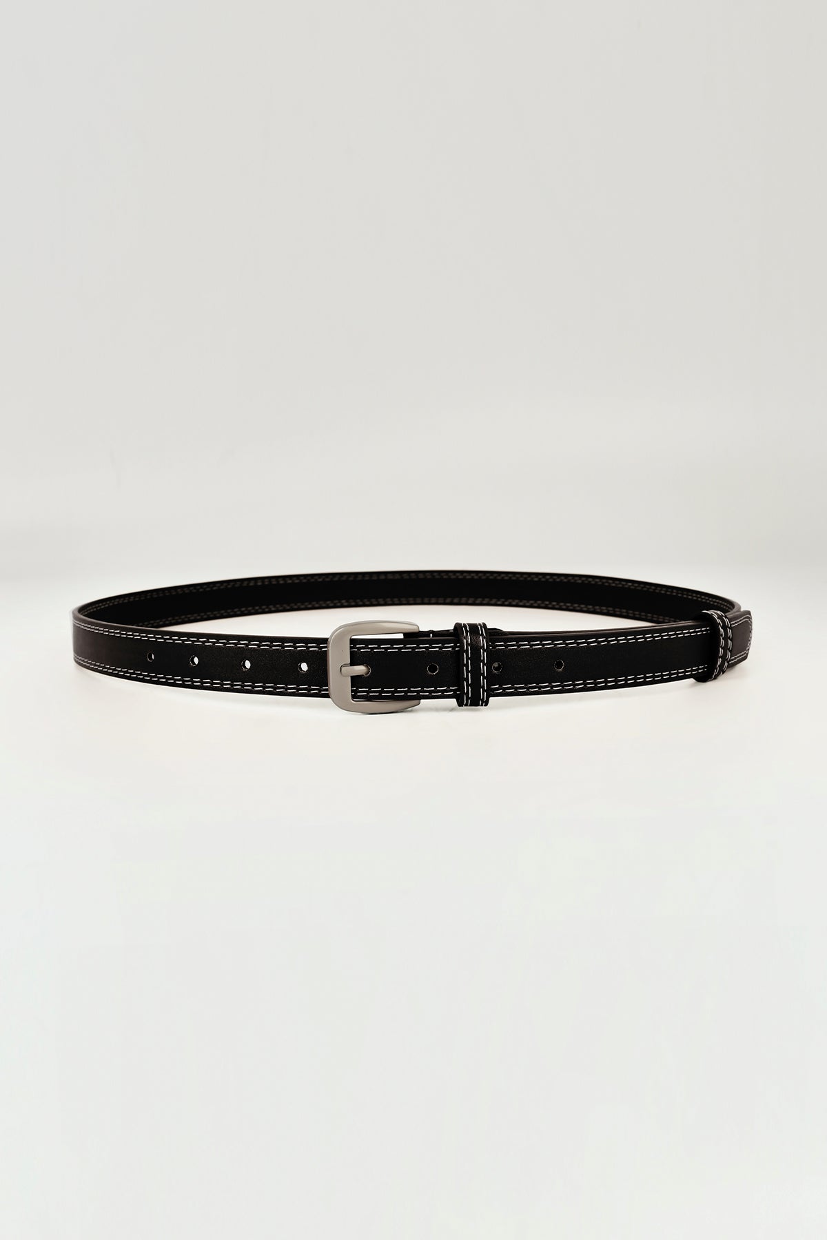 Contrast Stitch Silver Tone Buckle Leather Belt