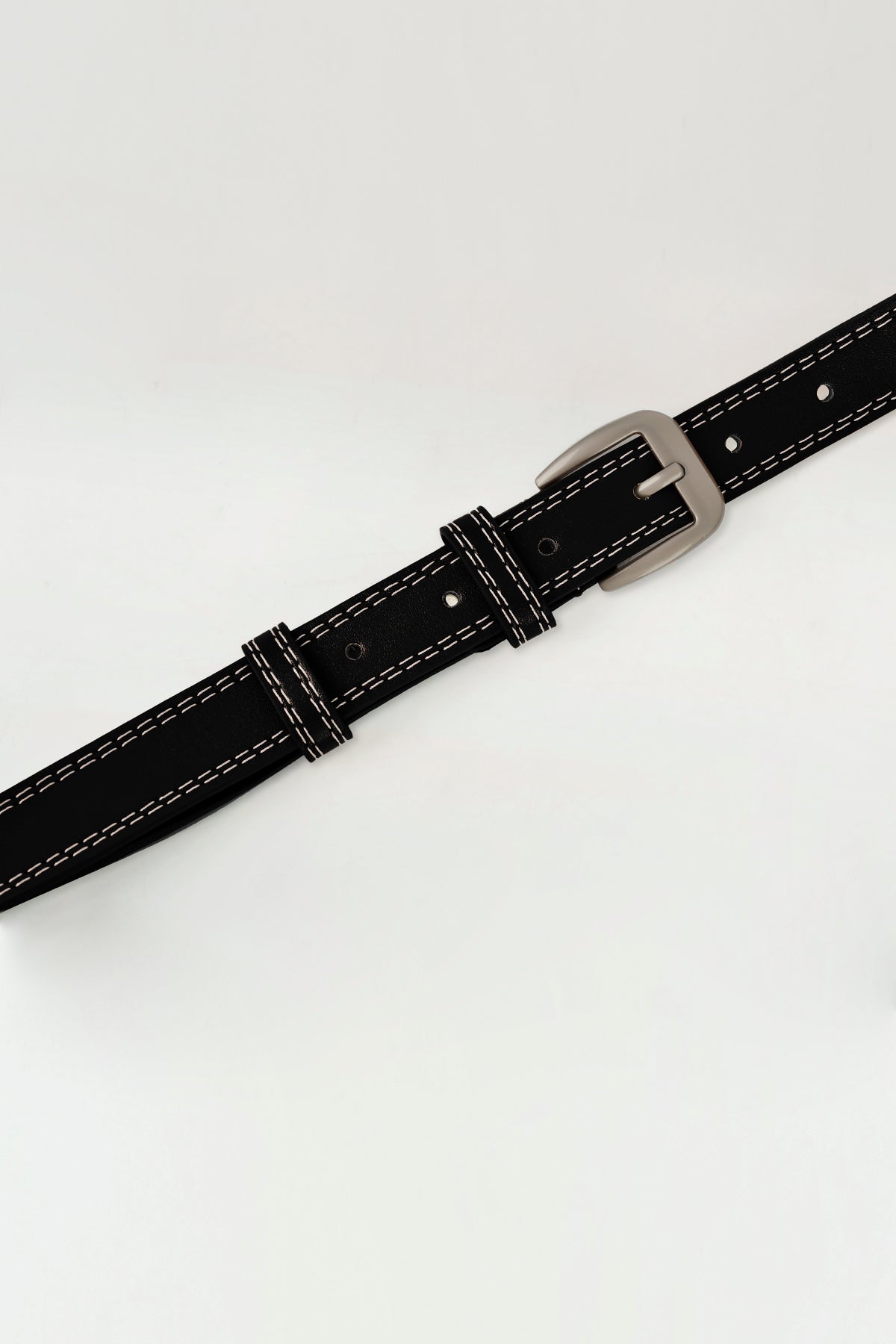 Contrast Stitch Silver Tone Buckle Leather Belt