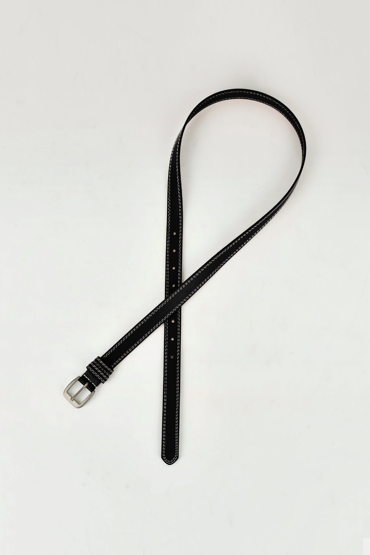 Contrast Stitch Silver Tone Buckle Leather Belt