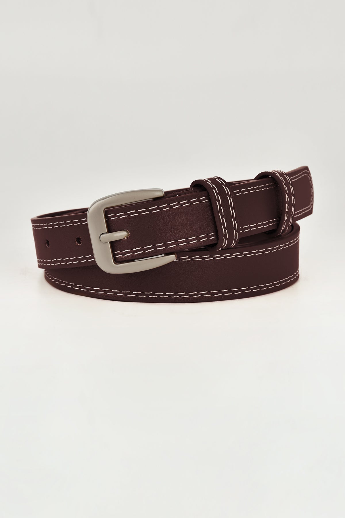 Contrast Stitch Silver Tone Buckle Leather Belt