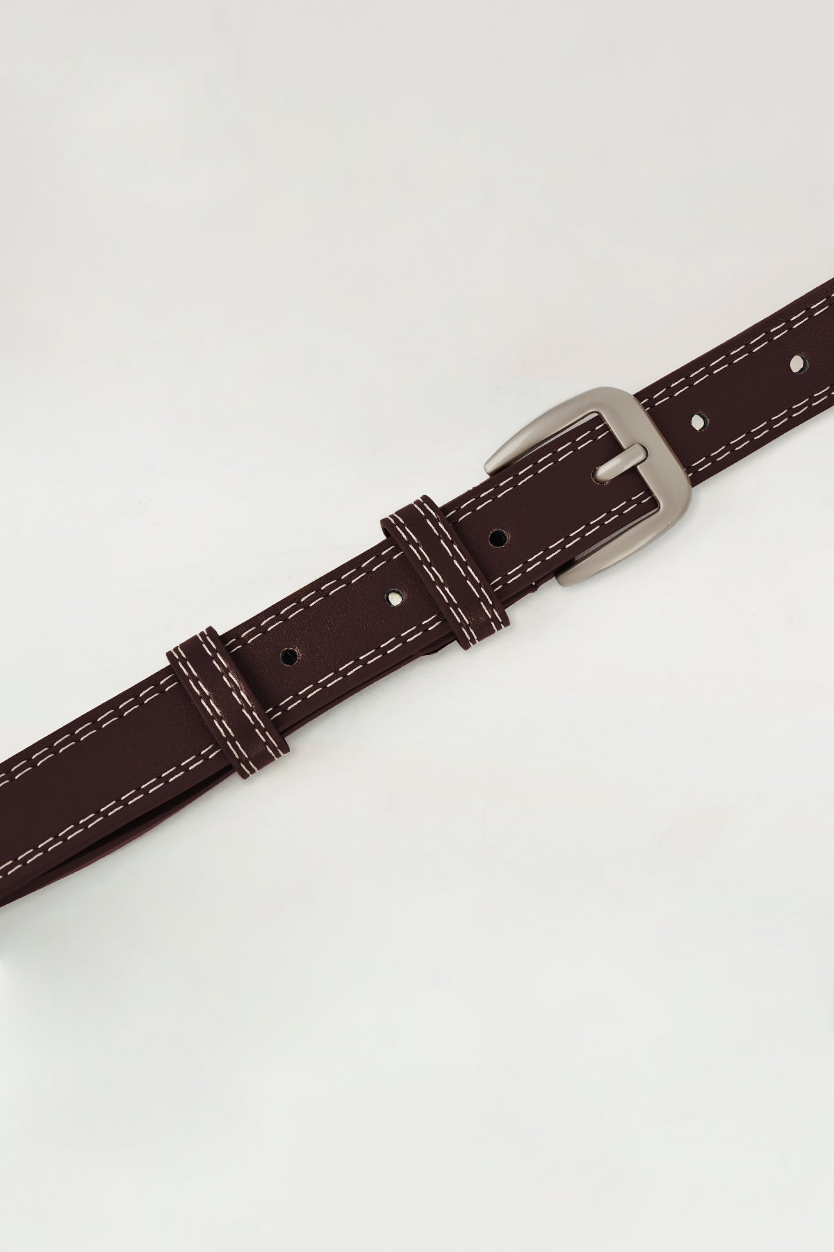 Contrast Stitch Silver Tone Buckle Leather Belt