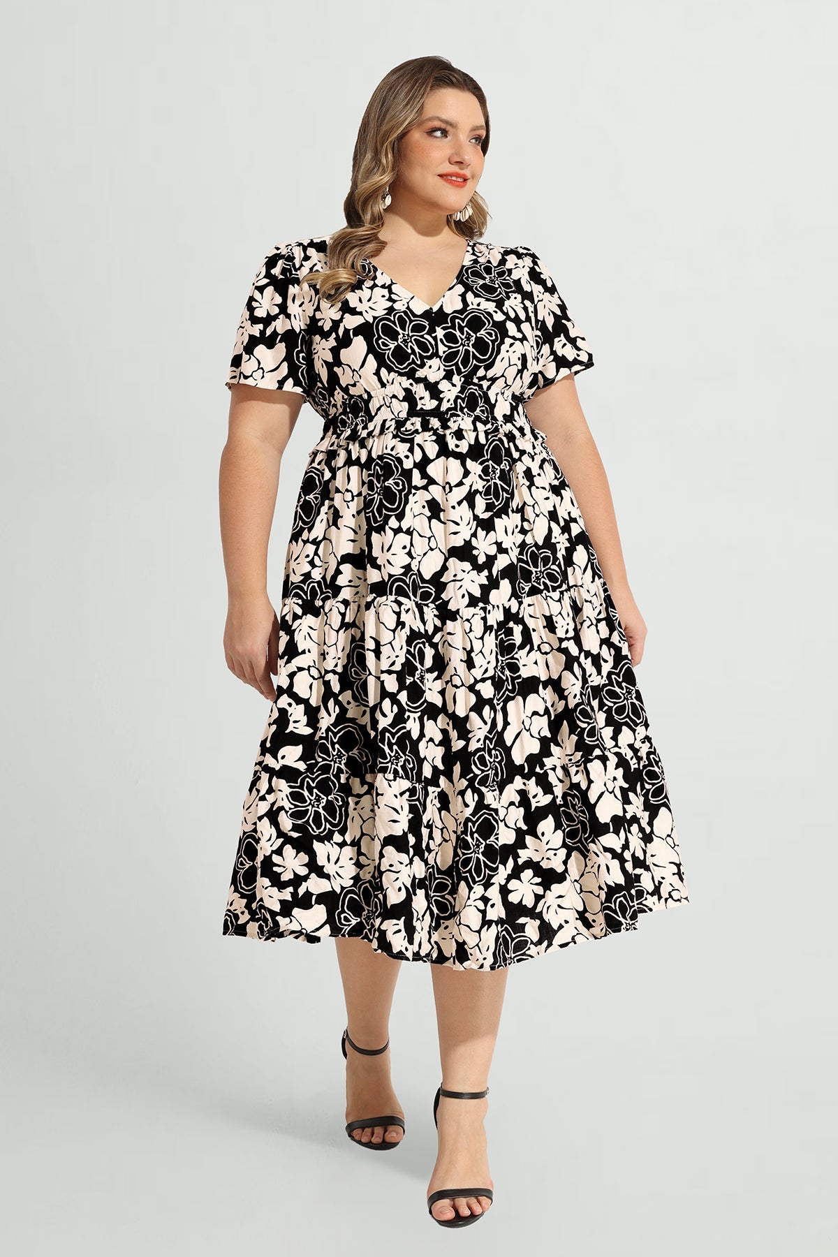 Ritera Elasticated Waist Floral Print Shirred Midi Dress
