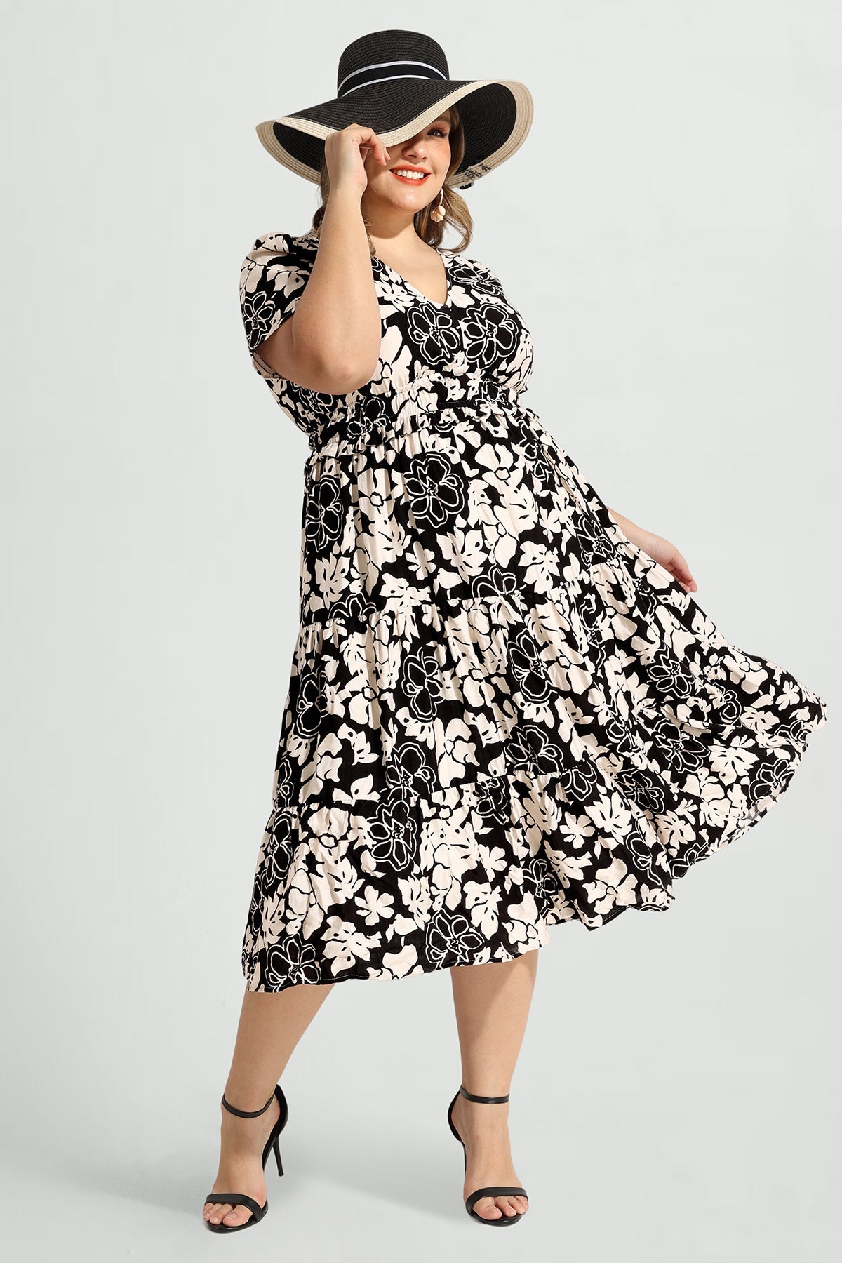 Ritera Elasticated Waist Floral Print Shirred Midi Dress