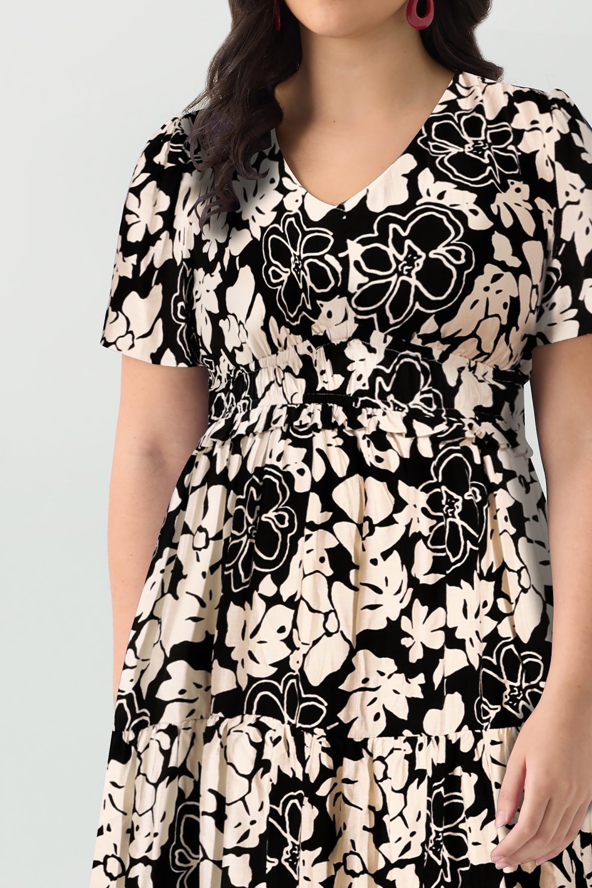 Ritera Elasticated Waist Floral Print Shirred Midi Dress