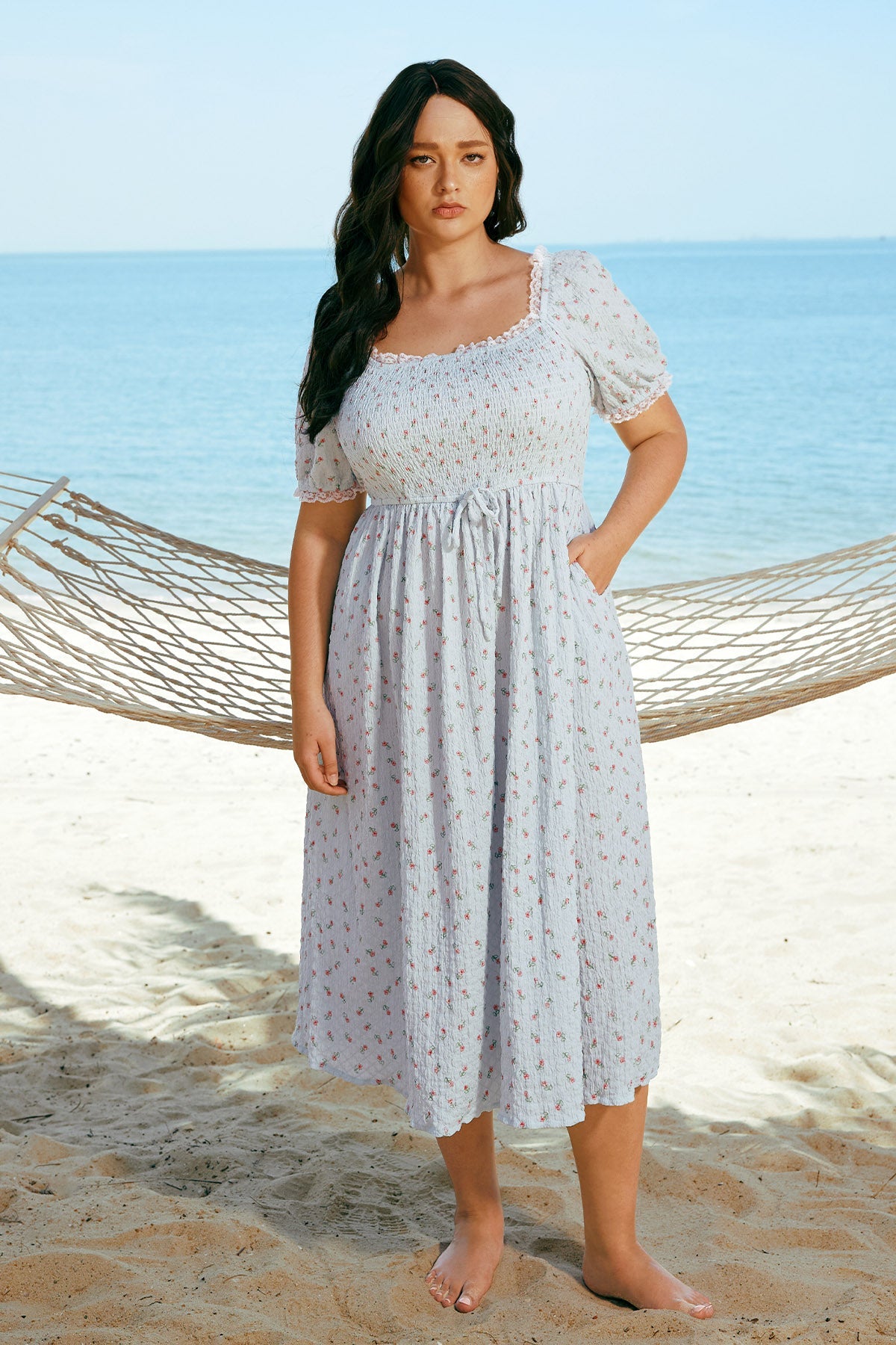 Ritera Pockets Texture Drawstring Waist Floral Vacation Dress