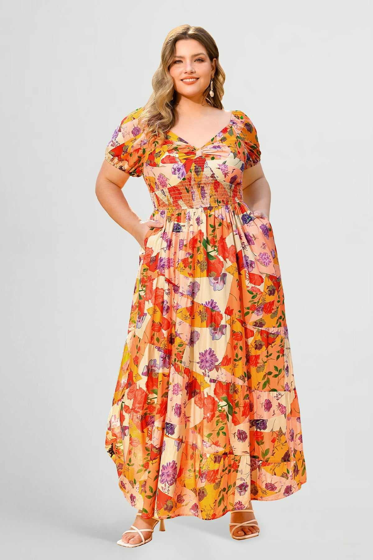 Ritera Pockets Patchwork Floral Tiered Maxi Vacation Dress