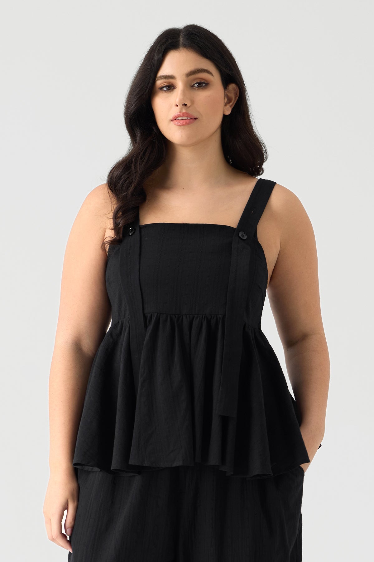 Ritera Elastic Waist Pleated Plain A-line Cami Tops