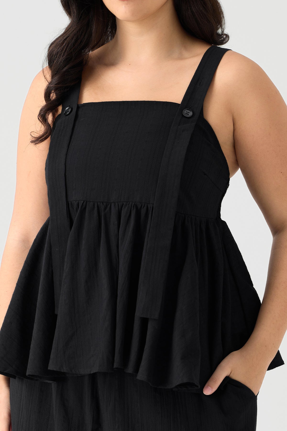 Ritera Elastic Waist Pleated Plain A-line Cami Tops