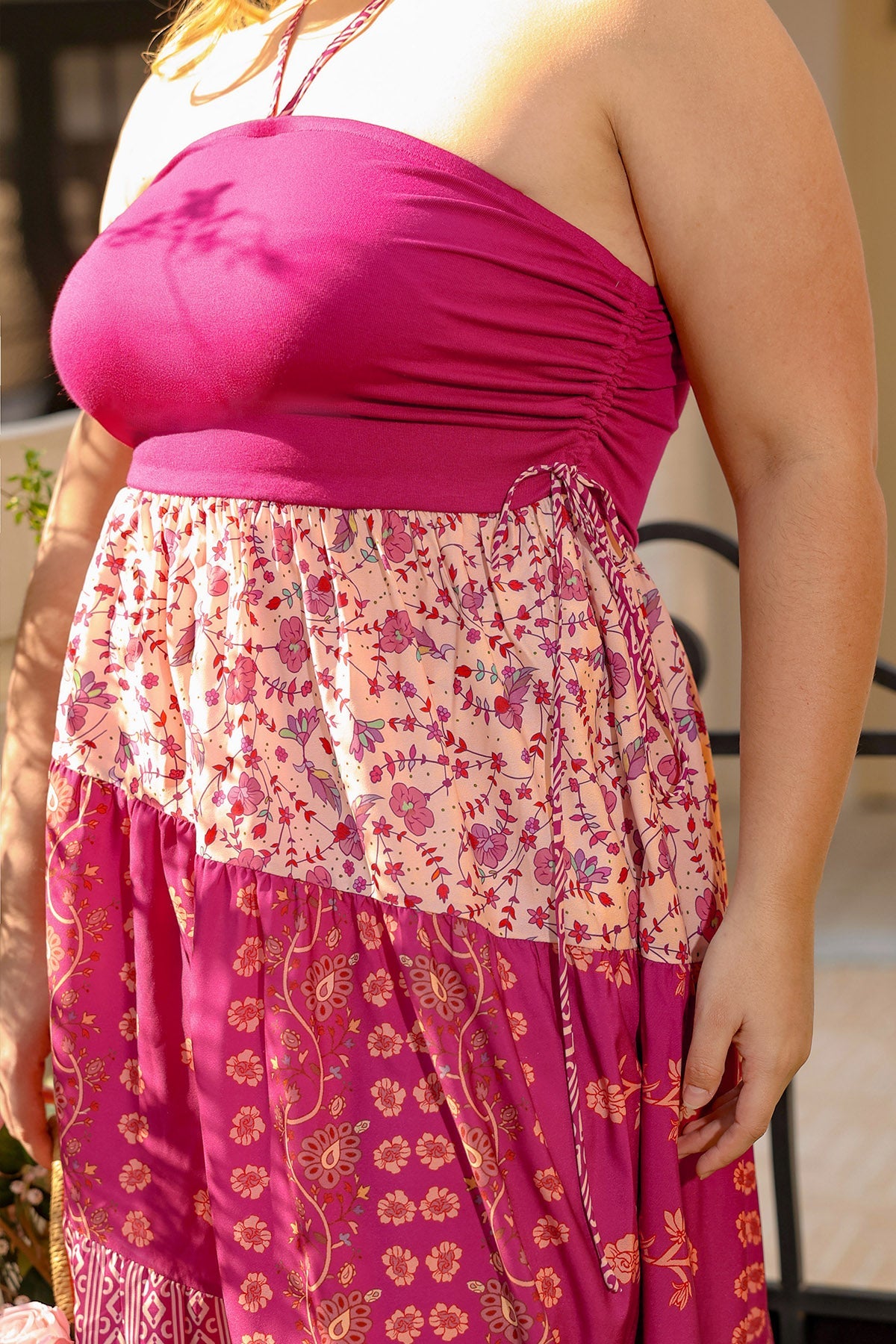 Ritera Pockets Boho Print Drawstring Strapless Neck Maxi Dress