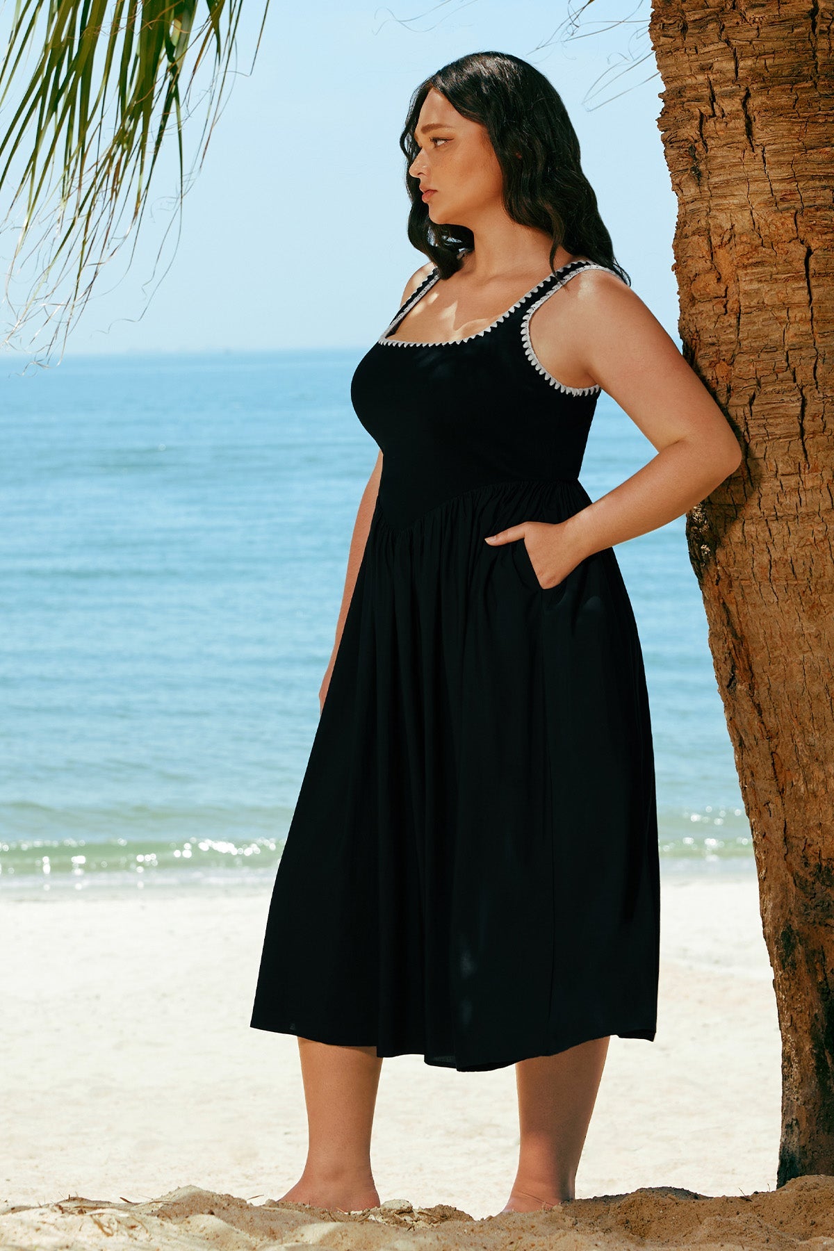 Pockets Elastic Scalloped Square Neck Midi Dress