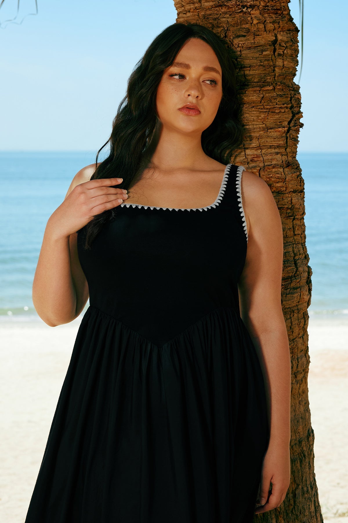 Pockets Elastic Scalloped Square Neck Midi Dress