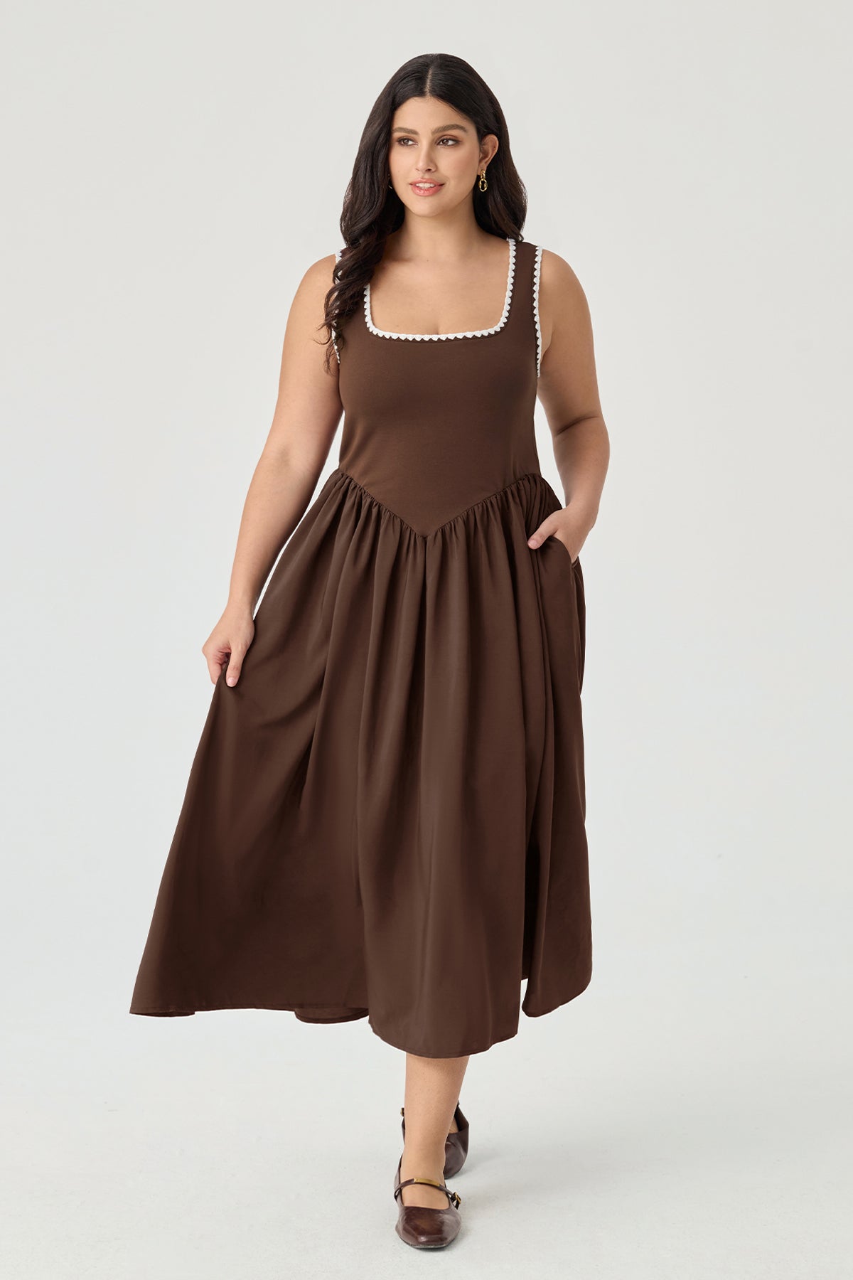 Pockets Elastic Scalloped Square Neck Midi Dress