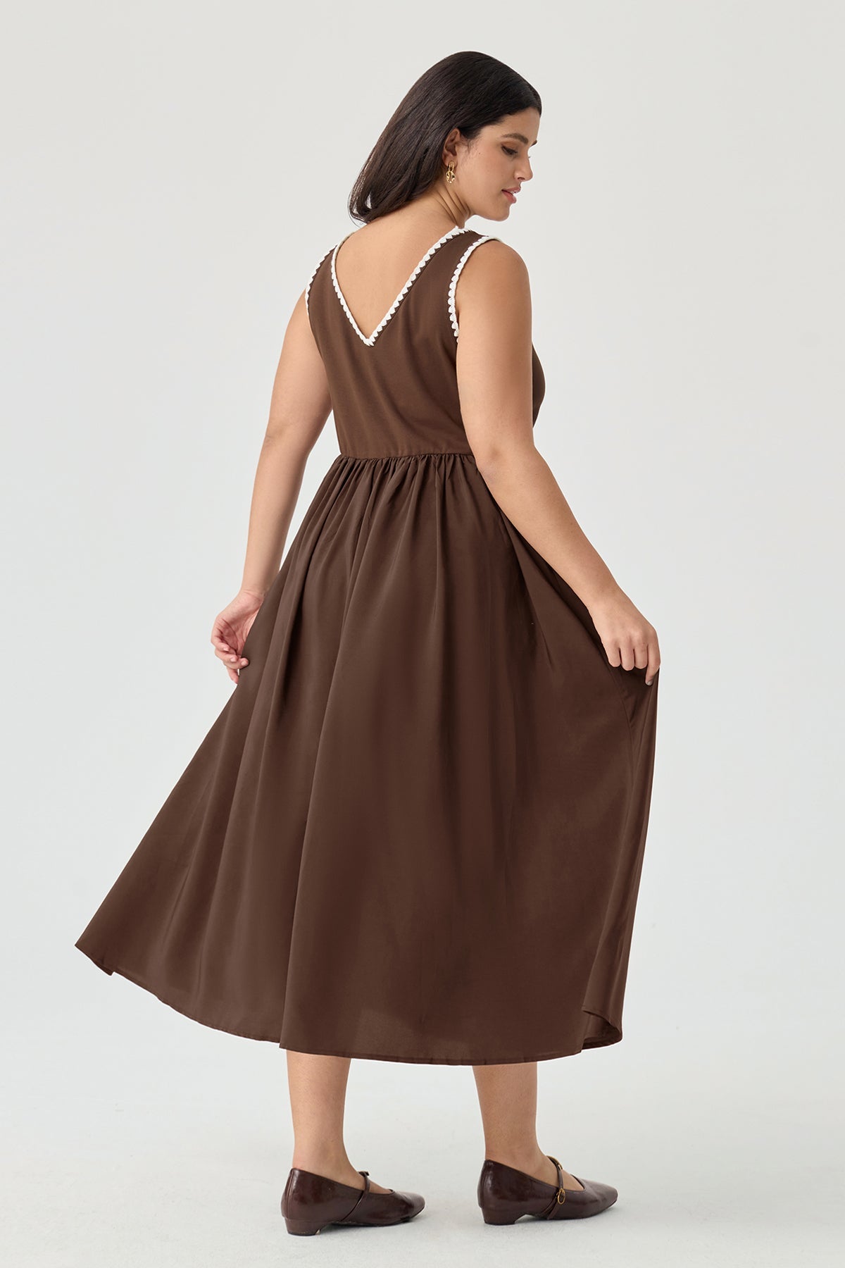 Pockets Elastic Scalloped Square Neck Midi Dress