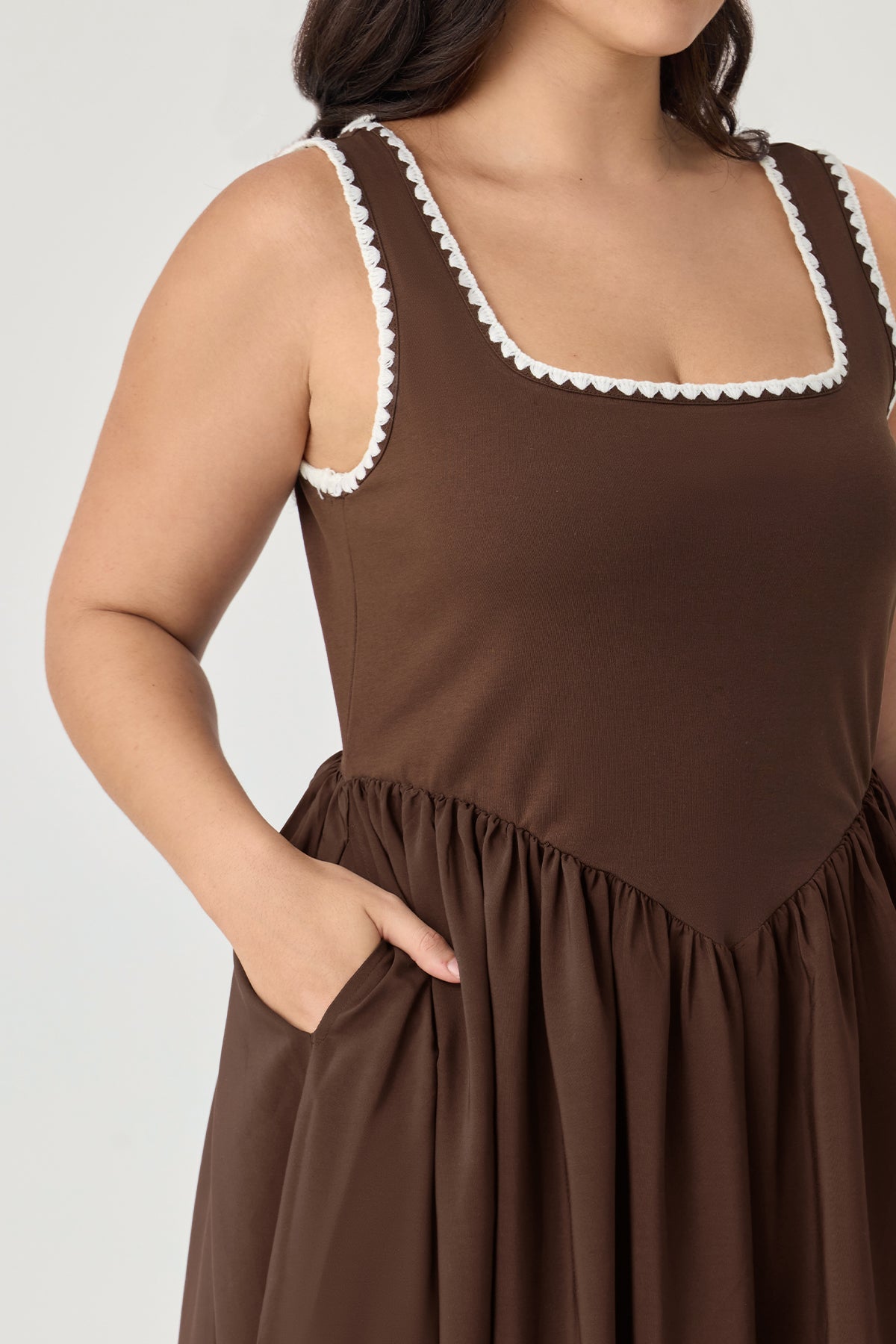 Pockets Elastic Scalloped Square Neck Midi Dress