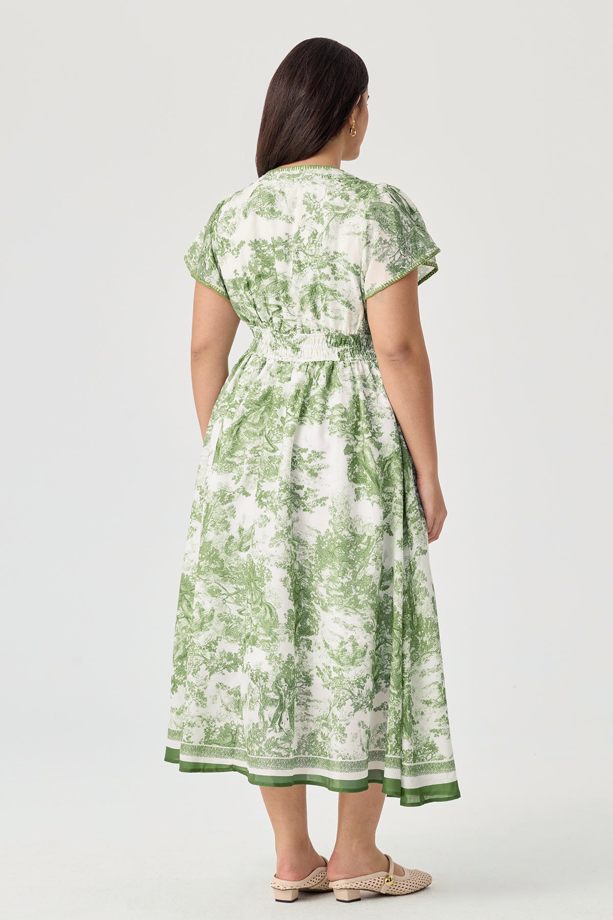 Ritera Pockets Chic Smocked Toile de Jouy Midi Dress