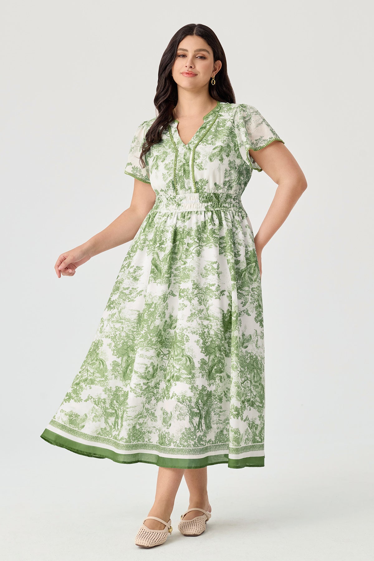 Ritera Pockets Chic Smocked Toile de Jouy Midi Dress