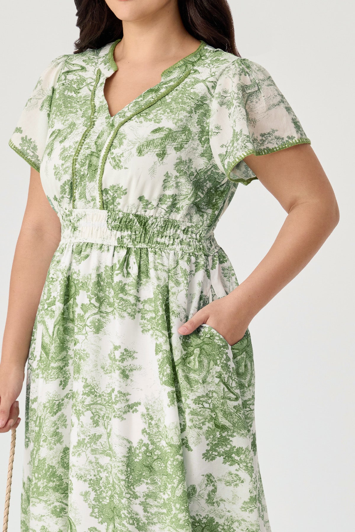 Pockets Elastic Waist Toile De Jouy Midi Dress