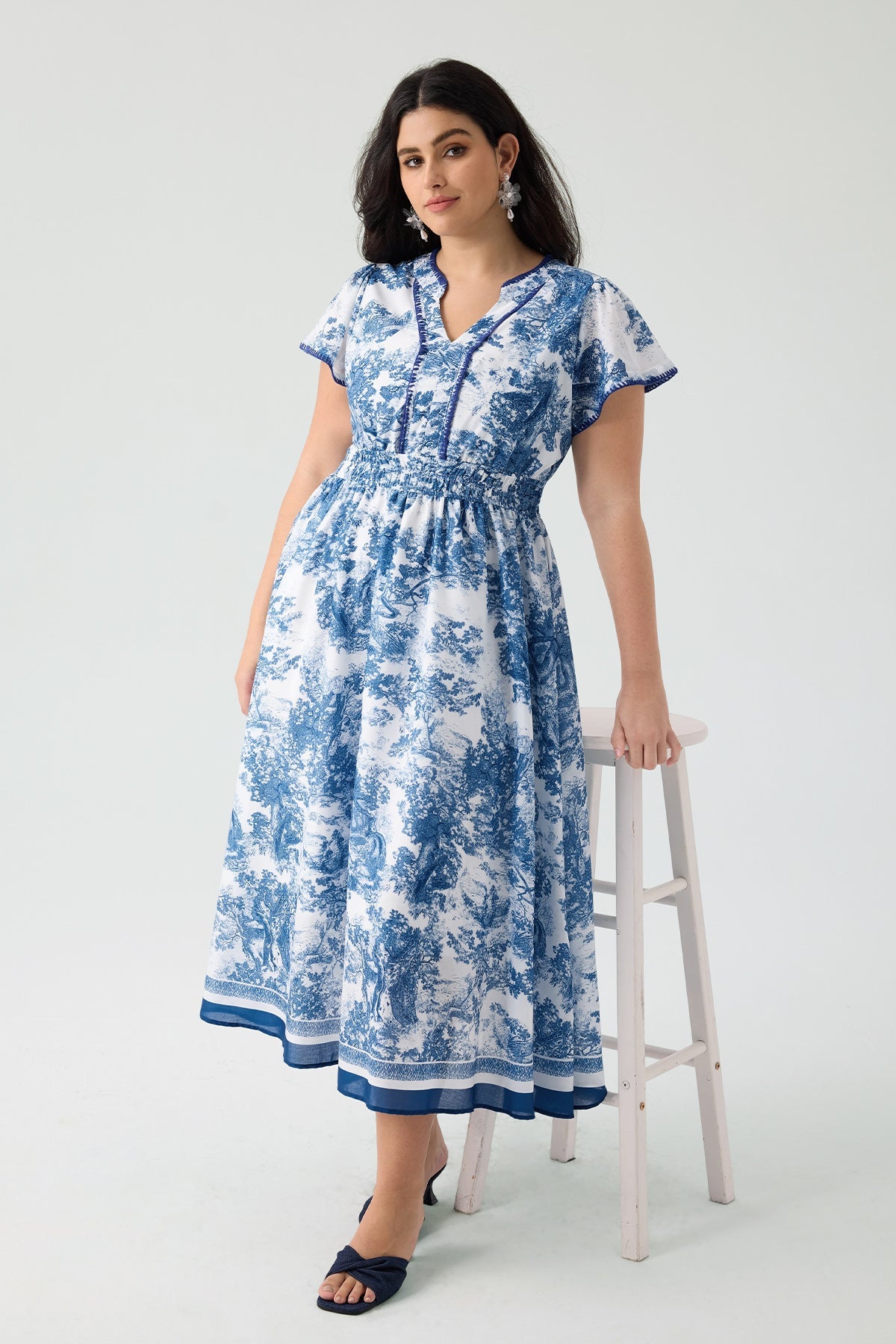 Pockets Elastic Waist Toile De Jouy Midi Dress