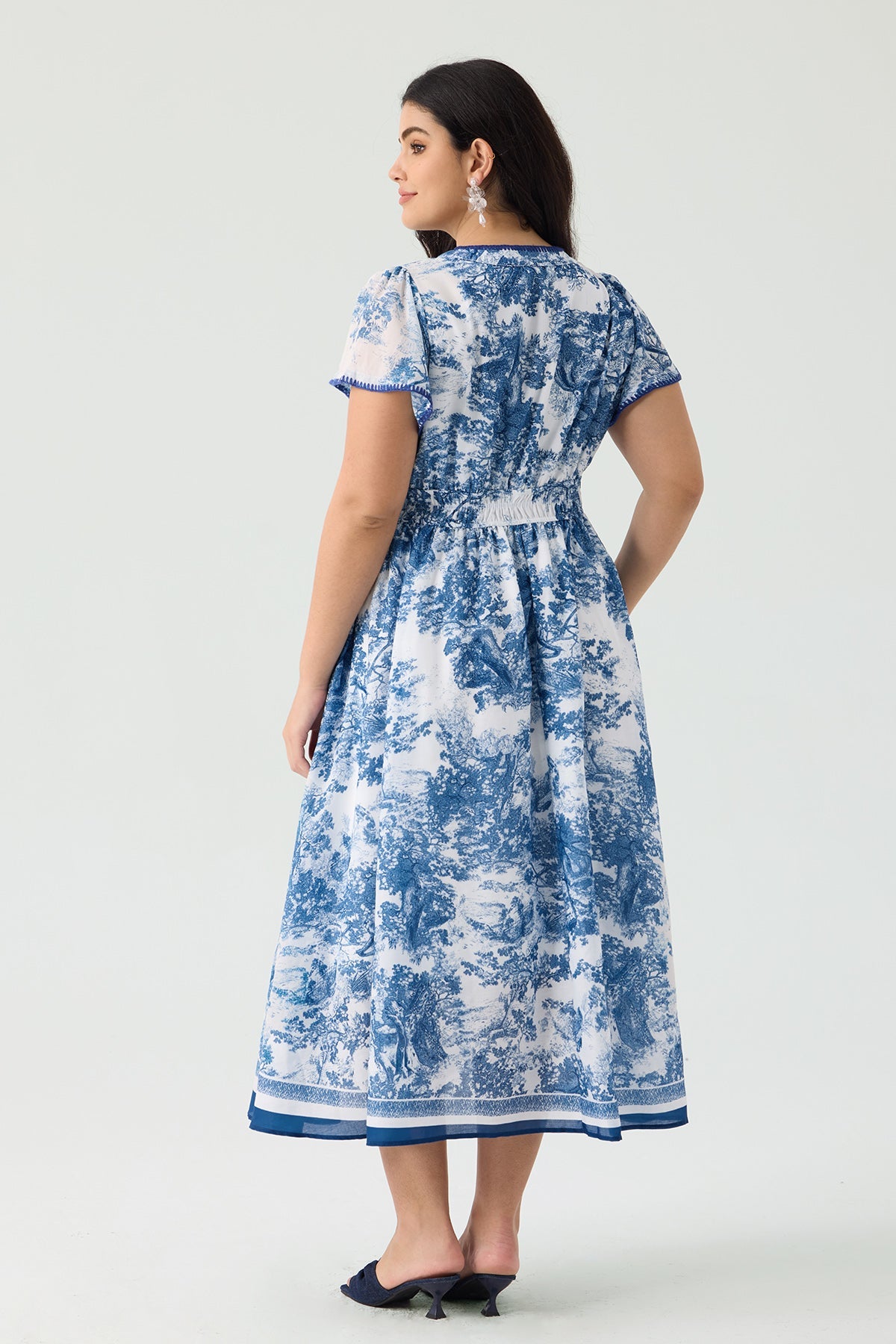 Pockets Elastic Waist Toile De Jouy Midi Dress