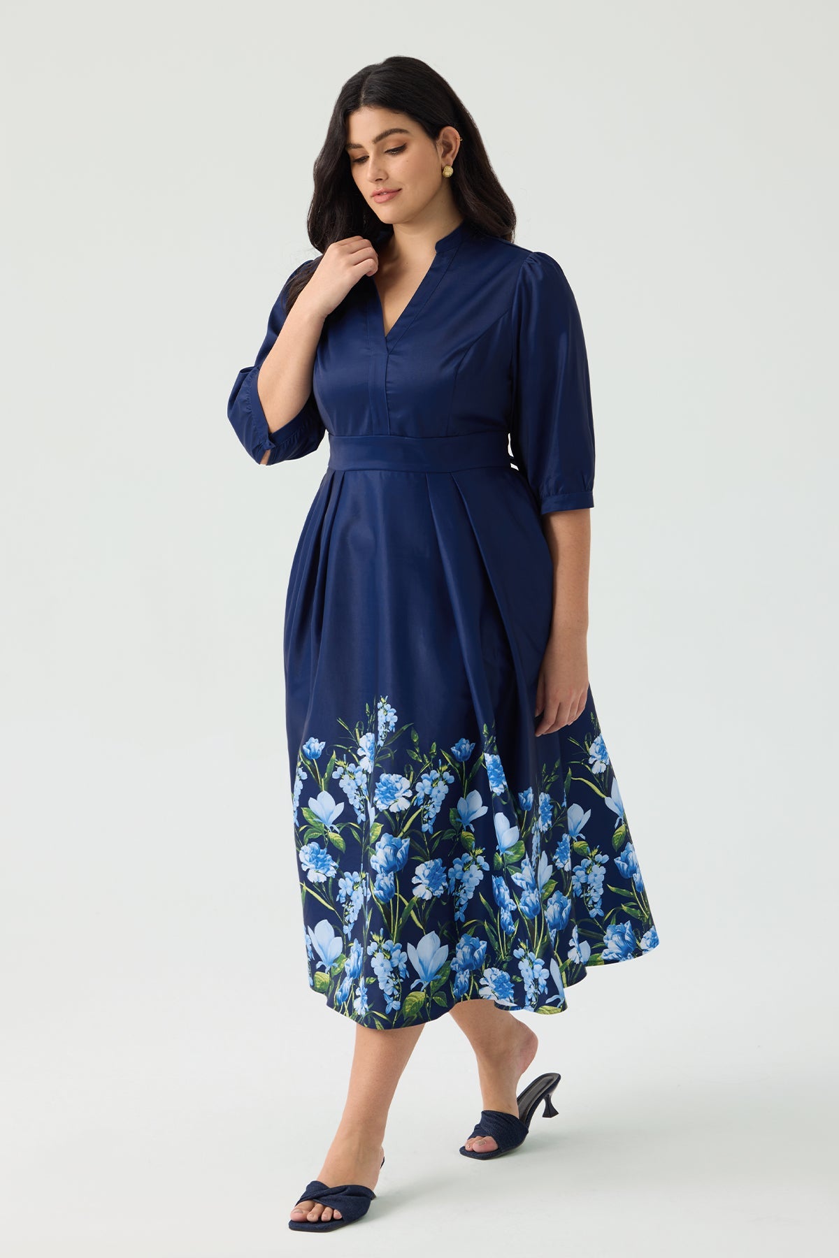 Ritera Pockets Bow Tie Waist Navy Blue Floral A-Line Midi Dress