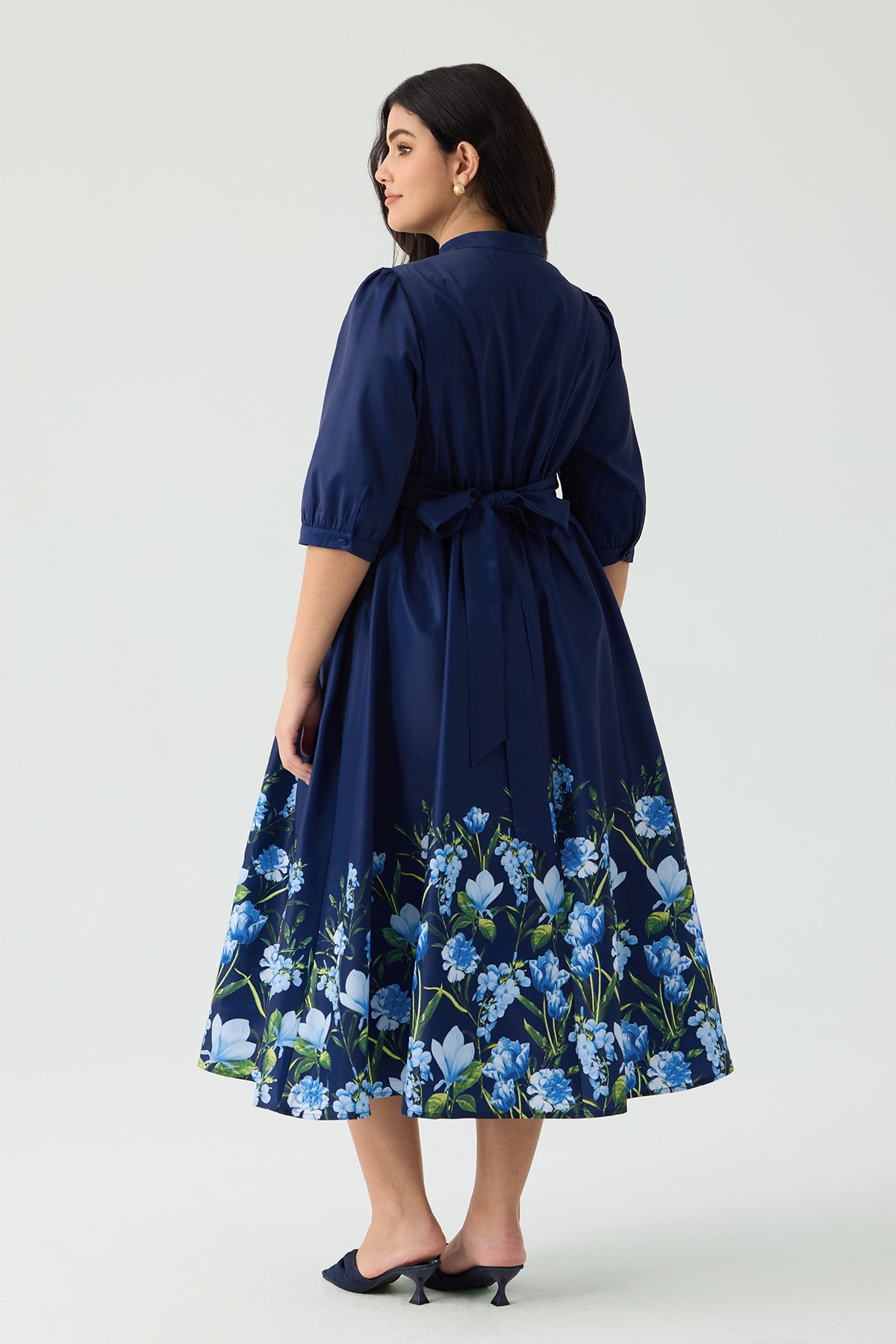 Ritera Pockets Bow Tie Waist Navy Blue Floral A-Line Midi Dress