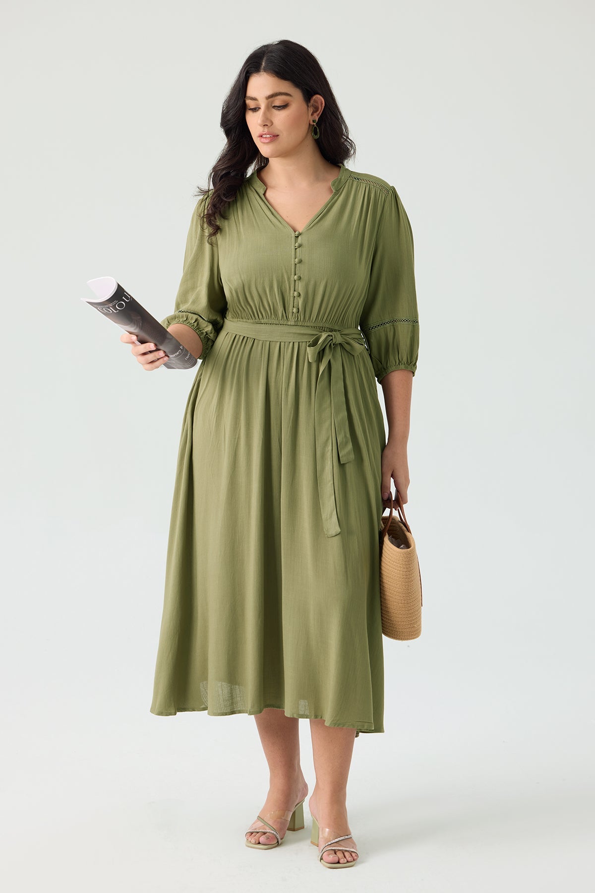 Ritera Pockets Adjustable Tie Waist Embroidered Details Green Midi Dress