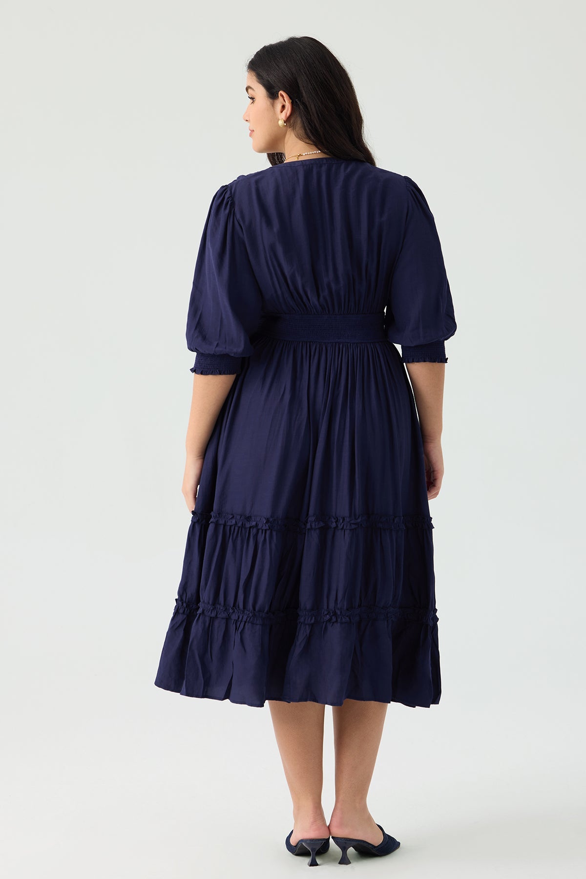 Ritera Pocket Smock Waist Tiered Ruffled Button Midi Dress
